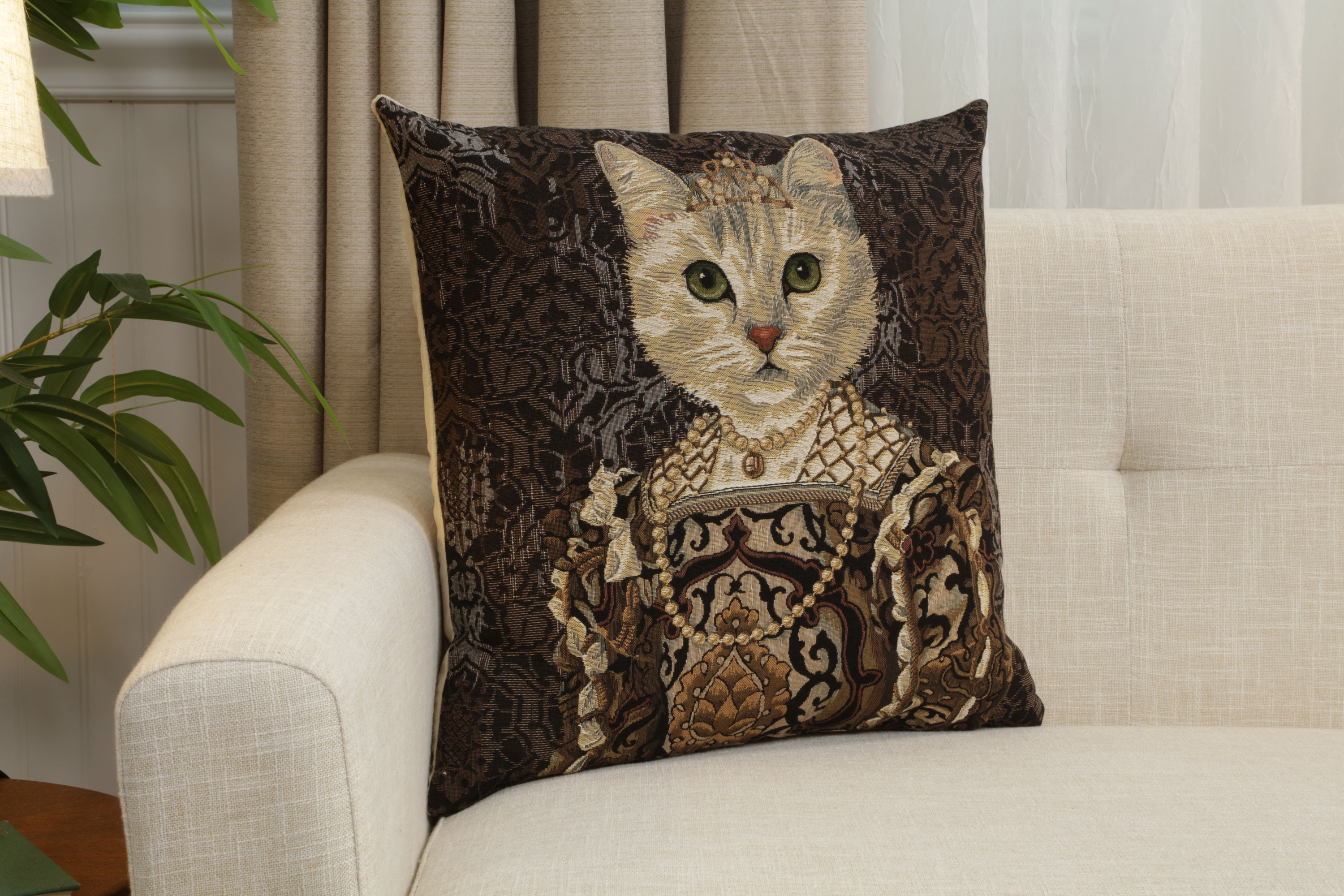 Cat with Crown Belgian Tapestry Pillow Cover 18x18 Inch Cotton Jacquard Woven Cushion Cover