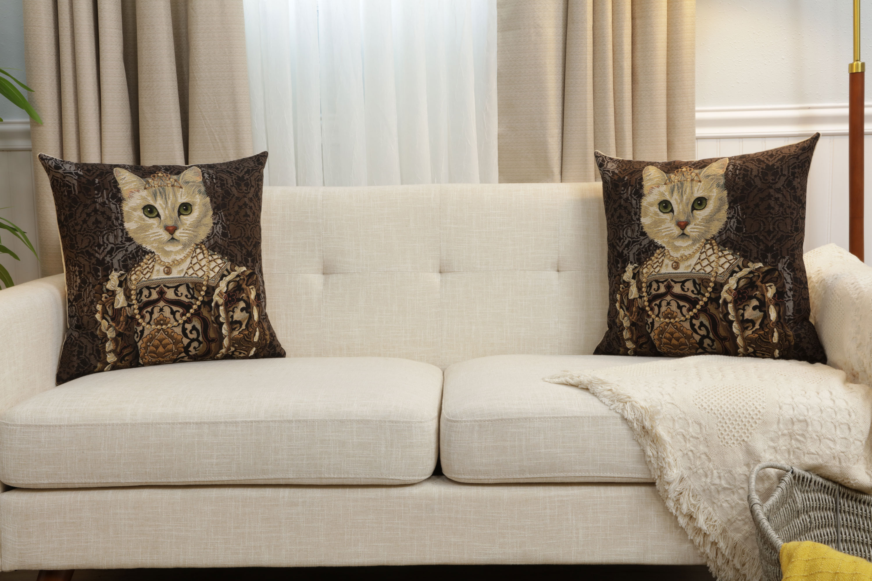 Cat with Crown Belgian Tapestry Pillow Cover 18x18 Inch Cotton Jacquard Woven Cushion Cover