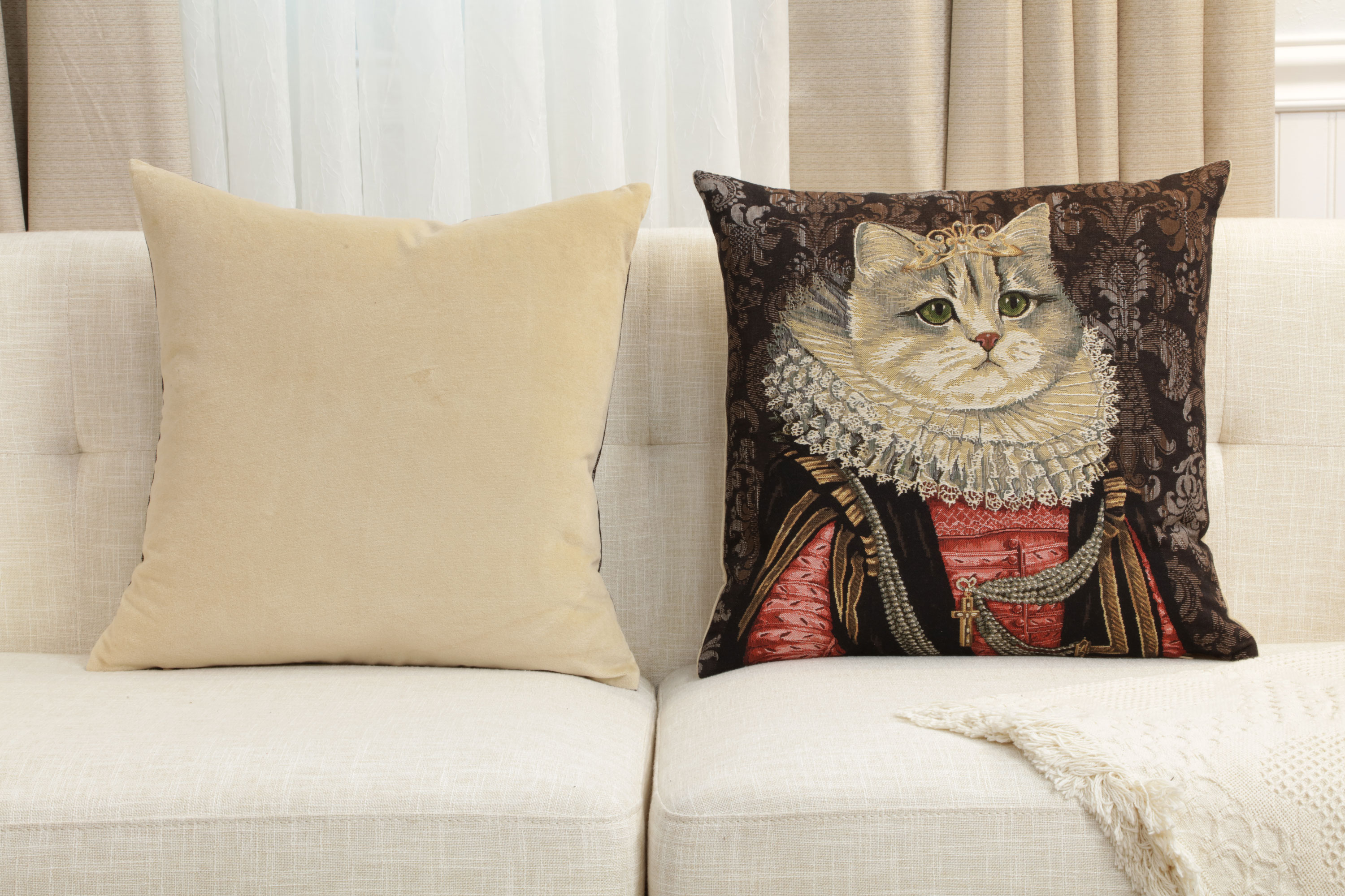 Decorative Cat Belgian Tapestry Pillow Cover 18x18 Inch Cotton Jacquard Woven Cushion Cover