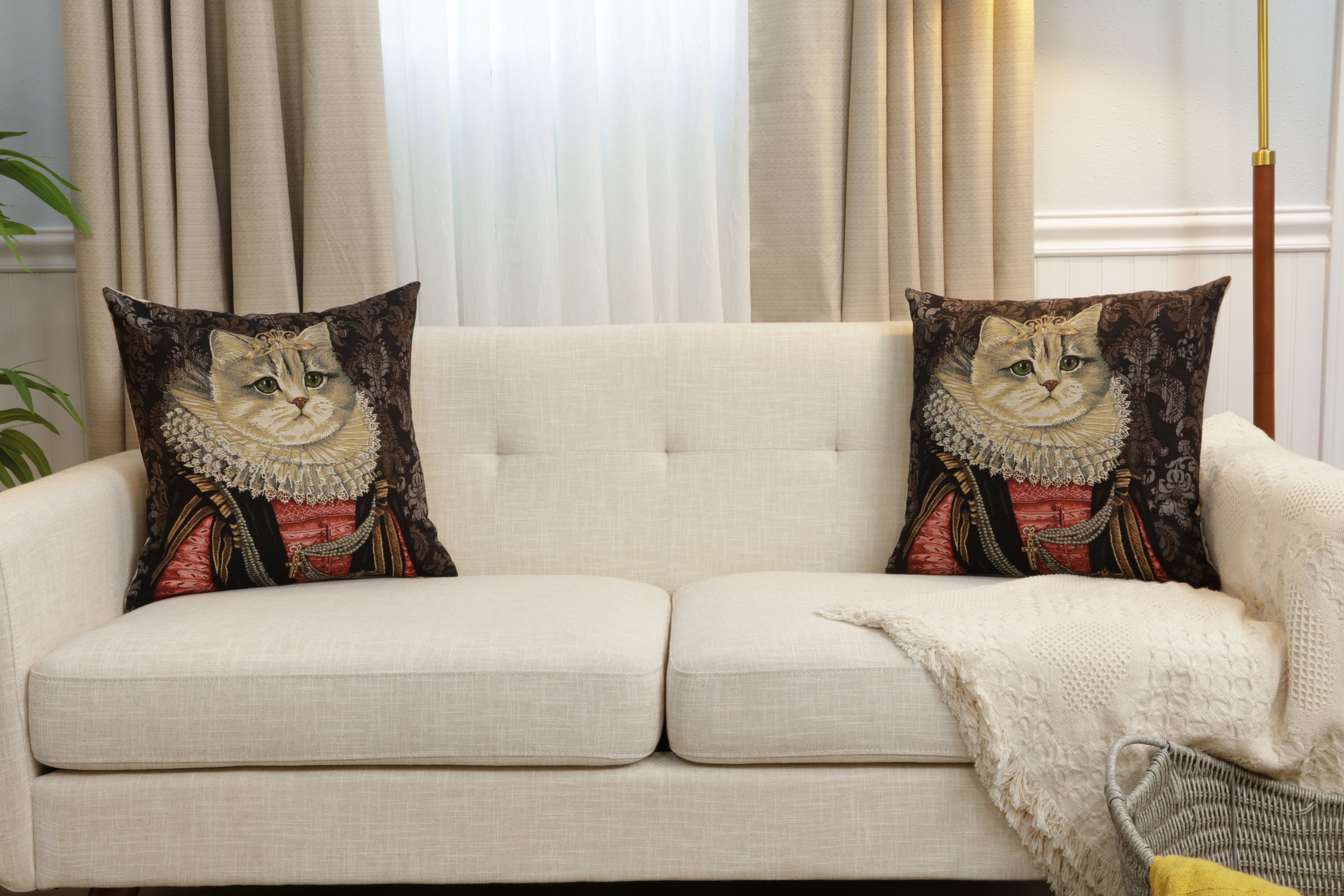 Decorative Cat Belgian Tapestry Pillow Cover 18x18 Inch Cotton Jacquard Woven Cushion Cover