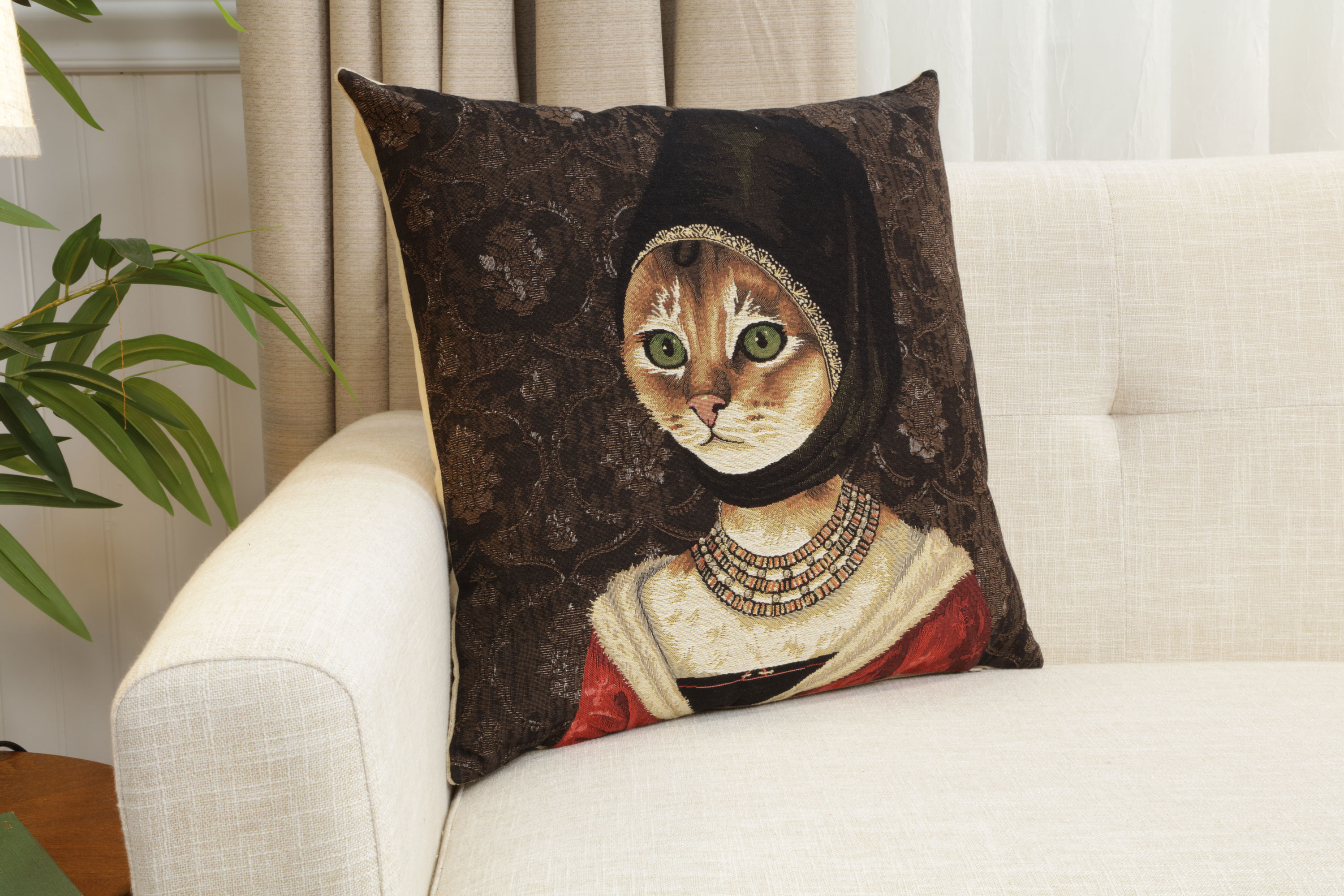 Cat with Hat Belgian Tapestry Pillow Cover 18x18 Inch Cotton Jacquard Woven Cushion Cover