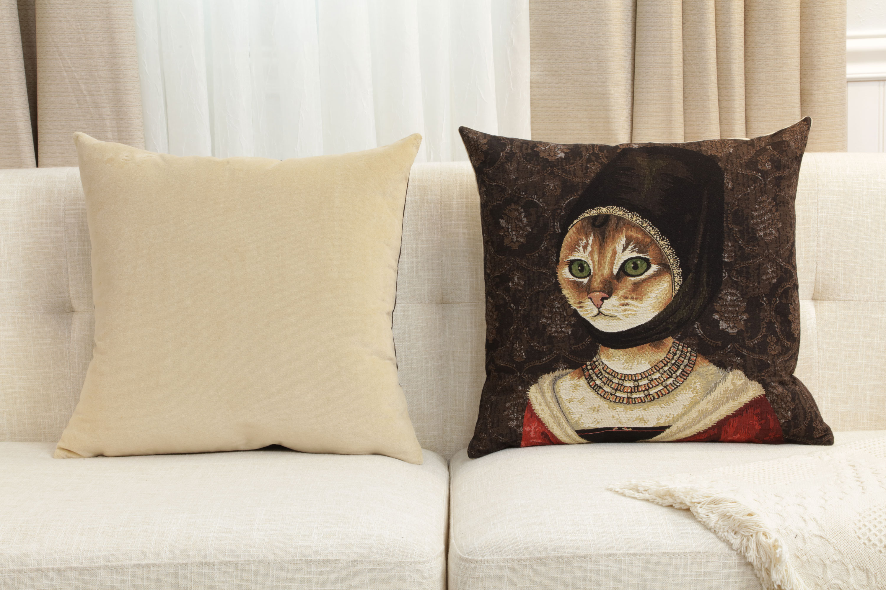 Cat with Hat Belgian Tapestry Pillow Cover 18x18 Inch Cotton Jacquard Woven Cushion Cover