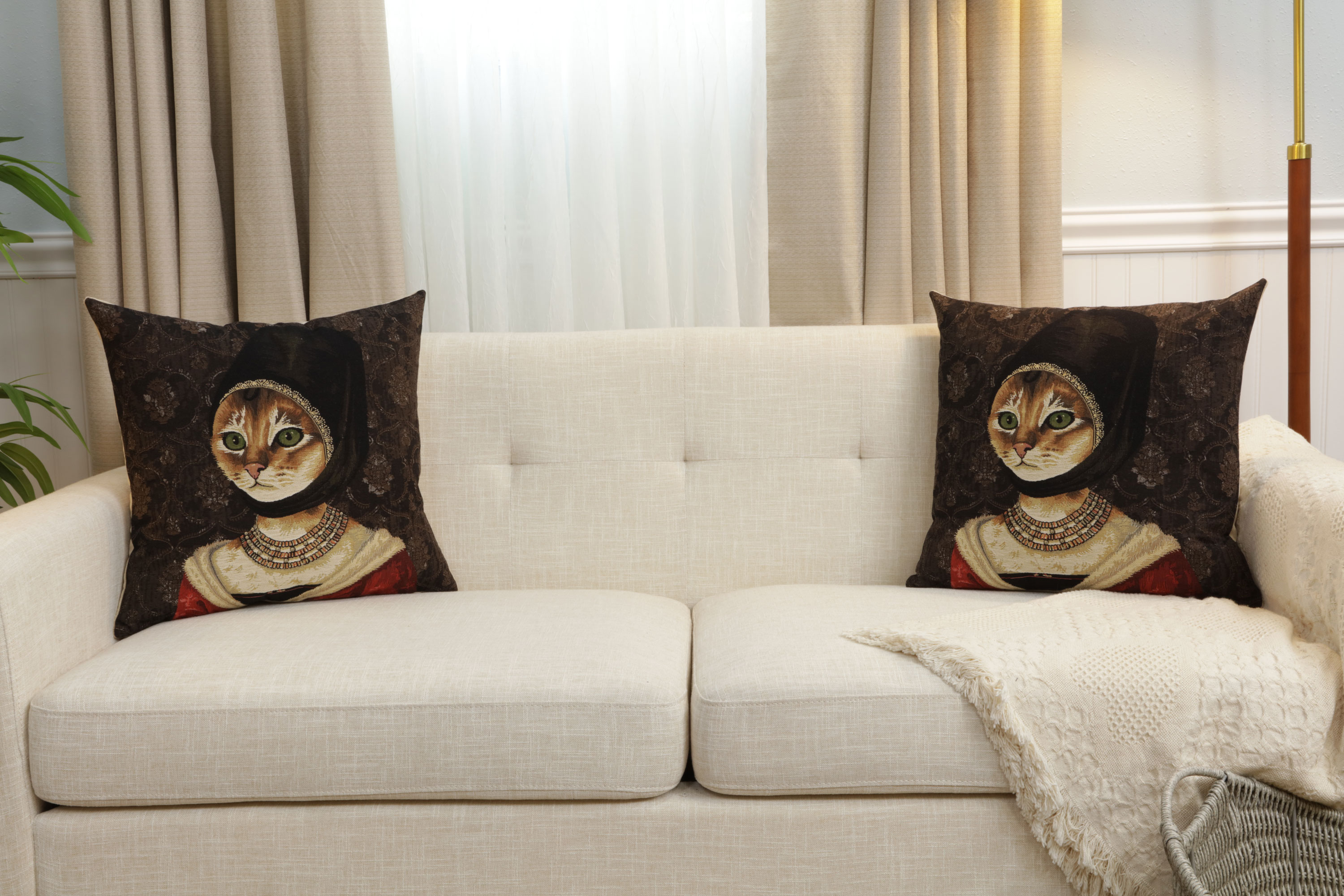Cat with Hat Belgian Tapestry Pillow Cover 18x18 Inch Cotton Jacquard Woven Cushion Cover
