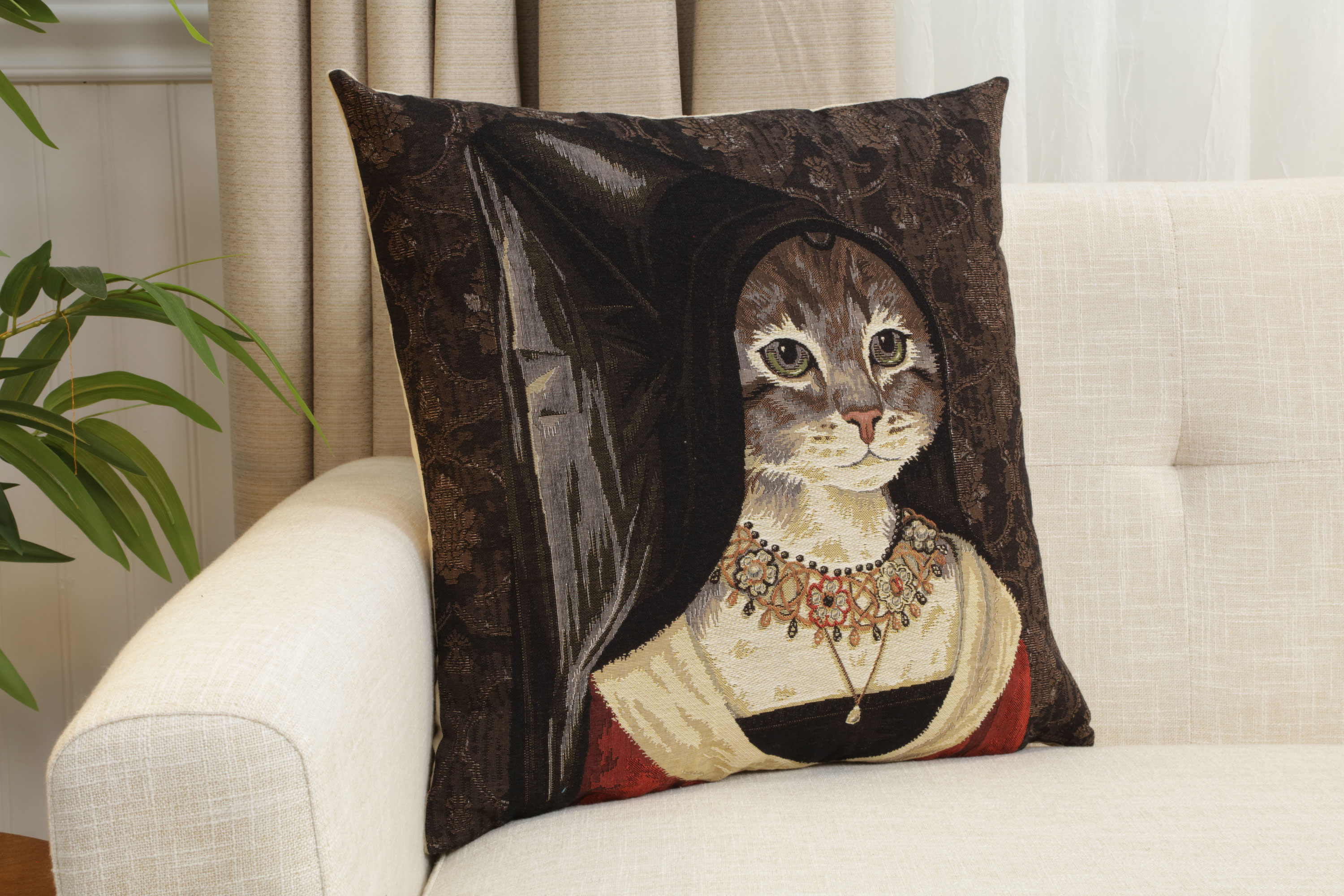 Cat with Hat Belgian Tapestry Pillow Cover 18x18 Inch Cotton Jacquard Woven Cushion Cover