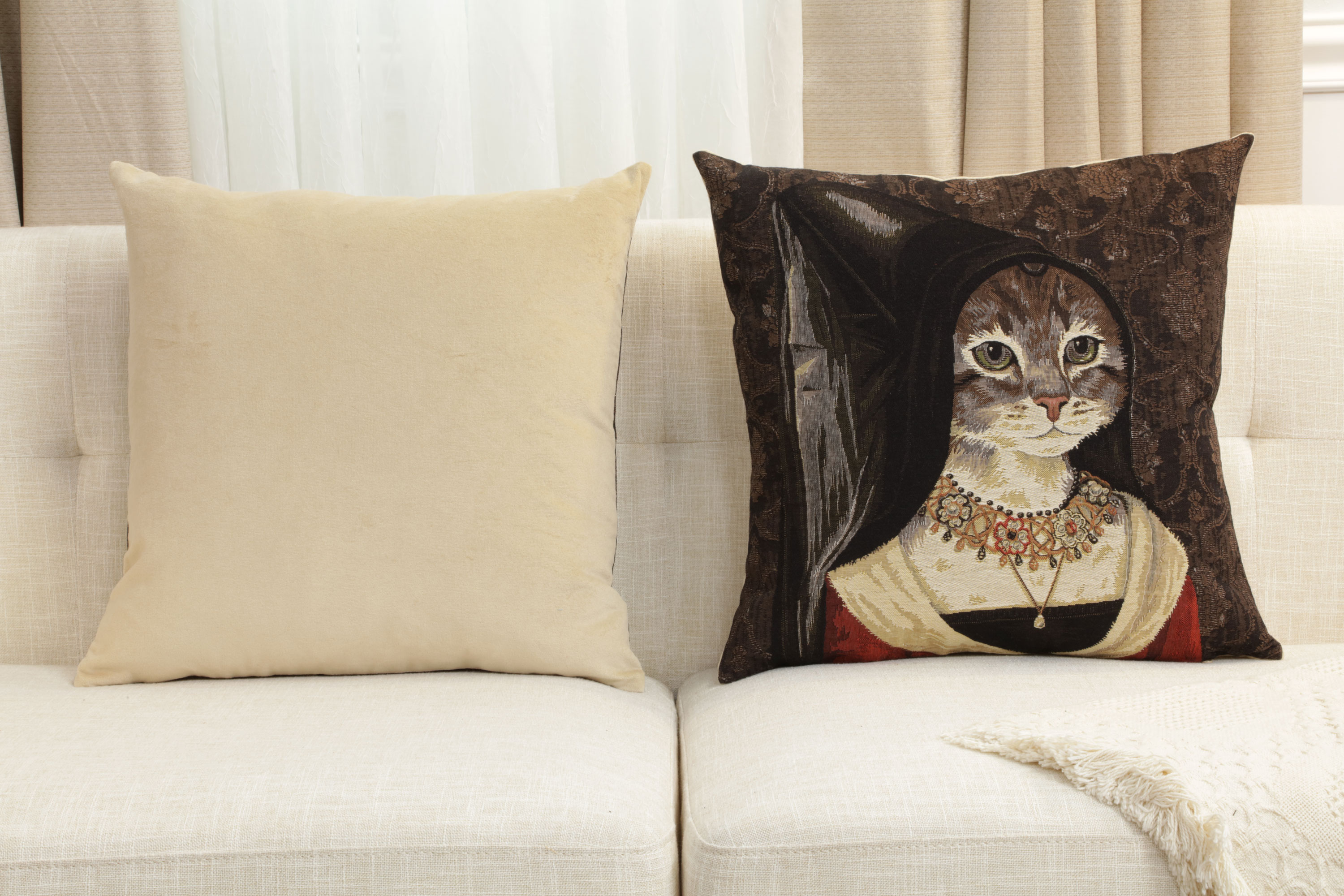 Cat with Hat Belgian Tapestry Pillow Cover 18x18 Inch Cotton Jacquard Woven Cushion Cover