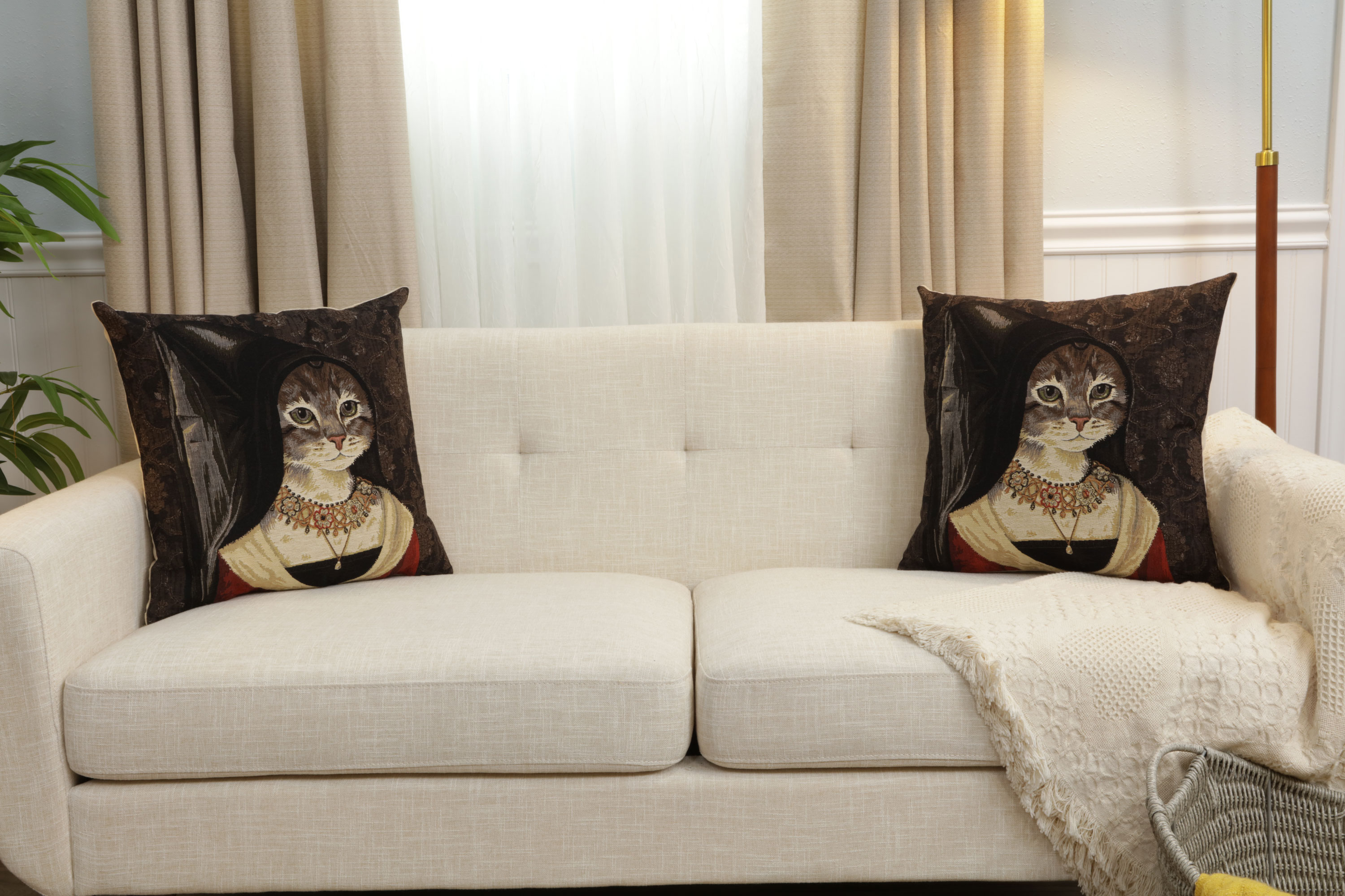 Cat with Hat Belgian Tapestry Pillow Cover 18x18 Inch Cotton Jacquard Woven Cushion Cover