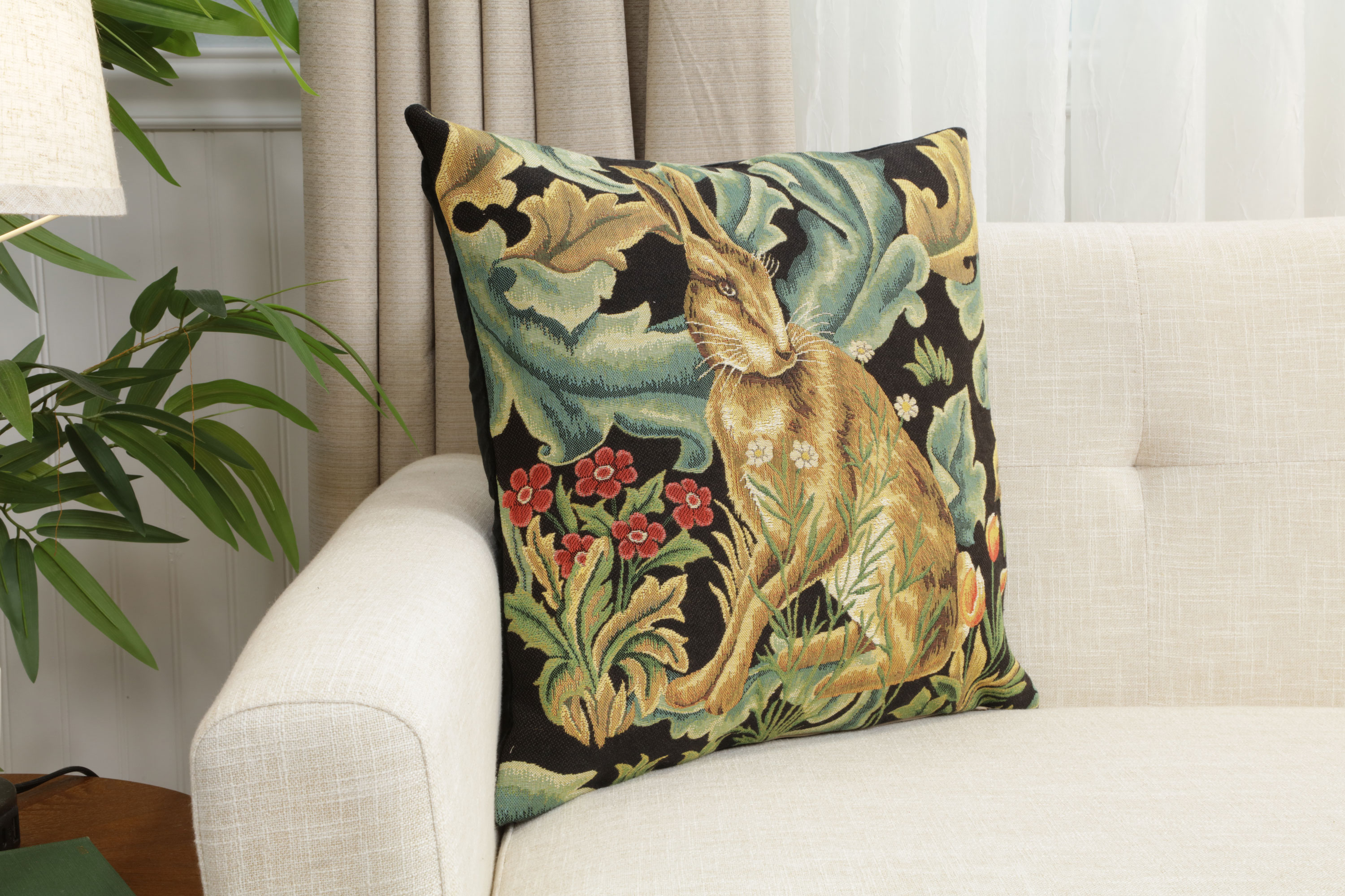 Brown Hare Belgian Tapestry Pillow Cover 18x18 inch 100% Cotton Belgian Jacquard Woven Cushion Cover