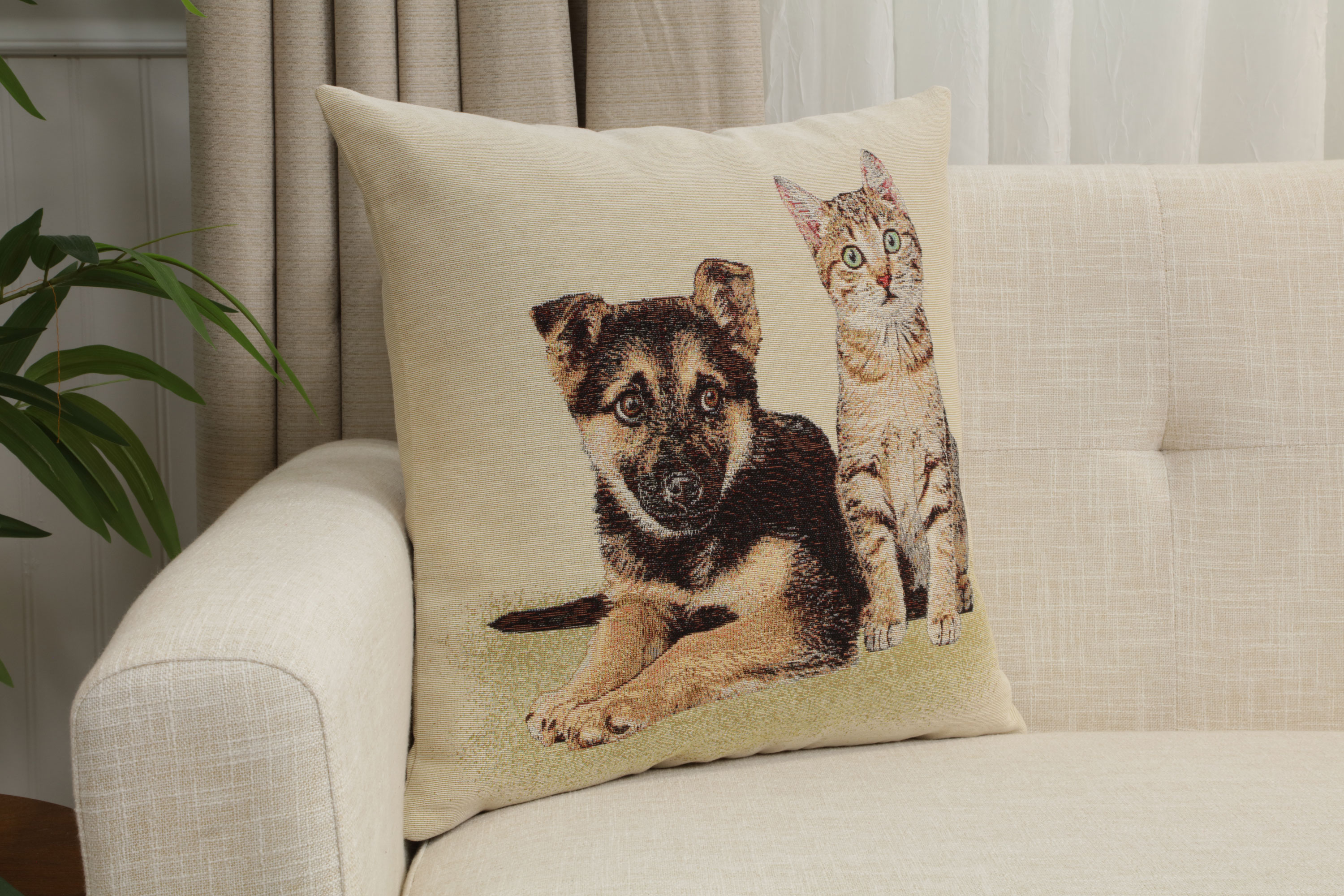 Besties for Life Dog Cat Tapestry Pillow Cover 18x18 Inch Cotton Jacquard Woven Cushion Cover