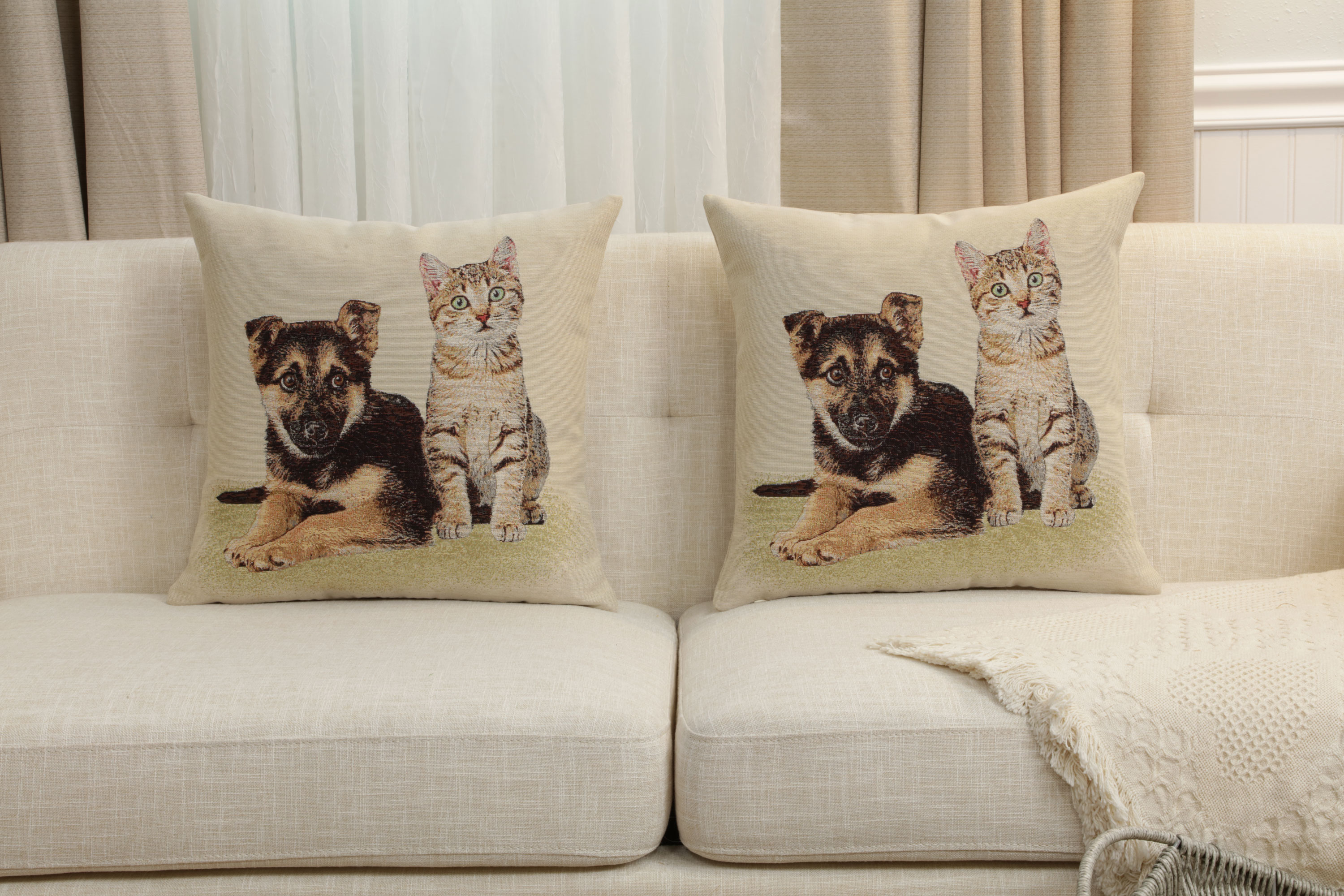Besties for Life Dog Cat Tapestry Pillow Cover 18x18 Inch Cotton Jacquard Woven Cushion Cover