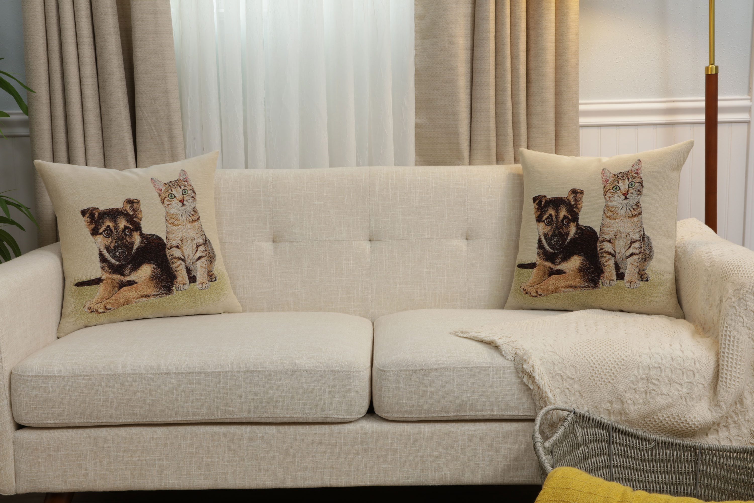 Besties for Life Dog Cat Tapestry Pillow Cover 18x18 Inch Cotton Jacquard Woven Cushion Cover