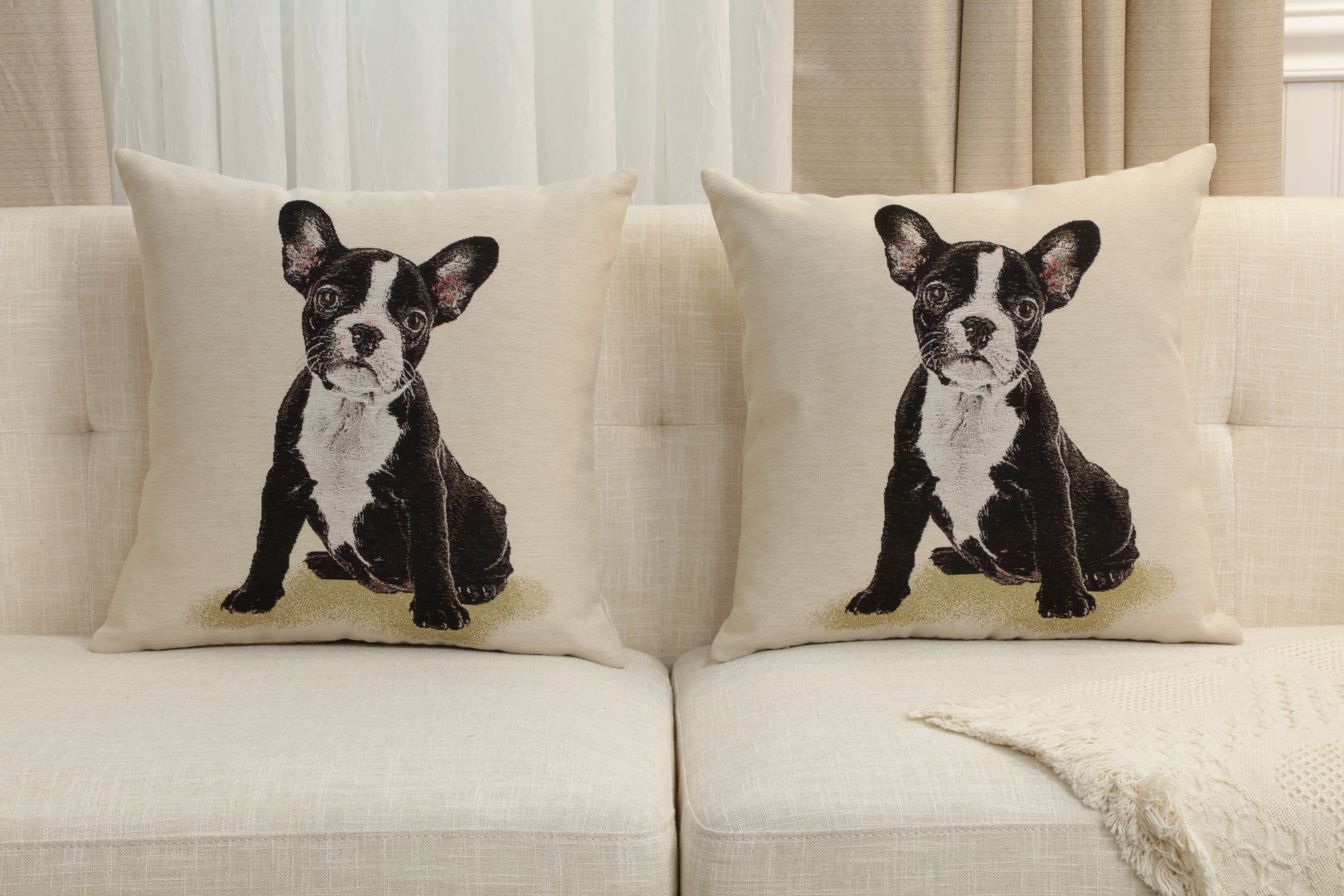 Boston Terrier Tapestry Pillow Cover 18x18 Inch Cotton Jacquard Woven Cushion Cover
