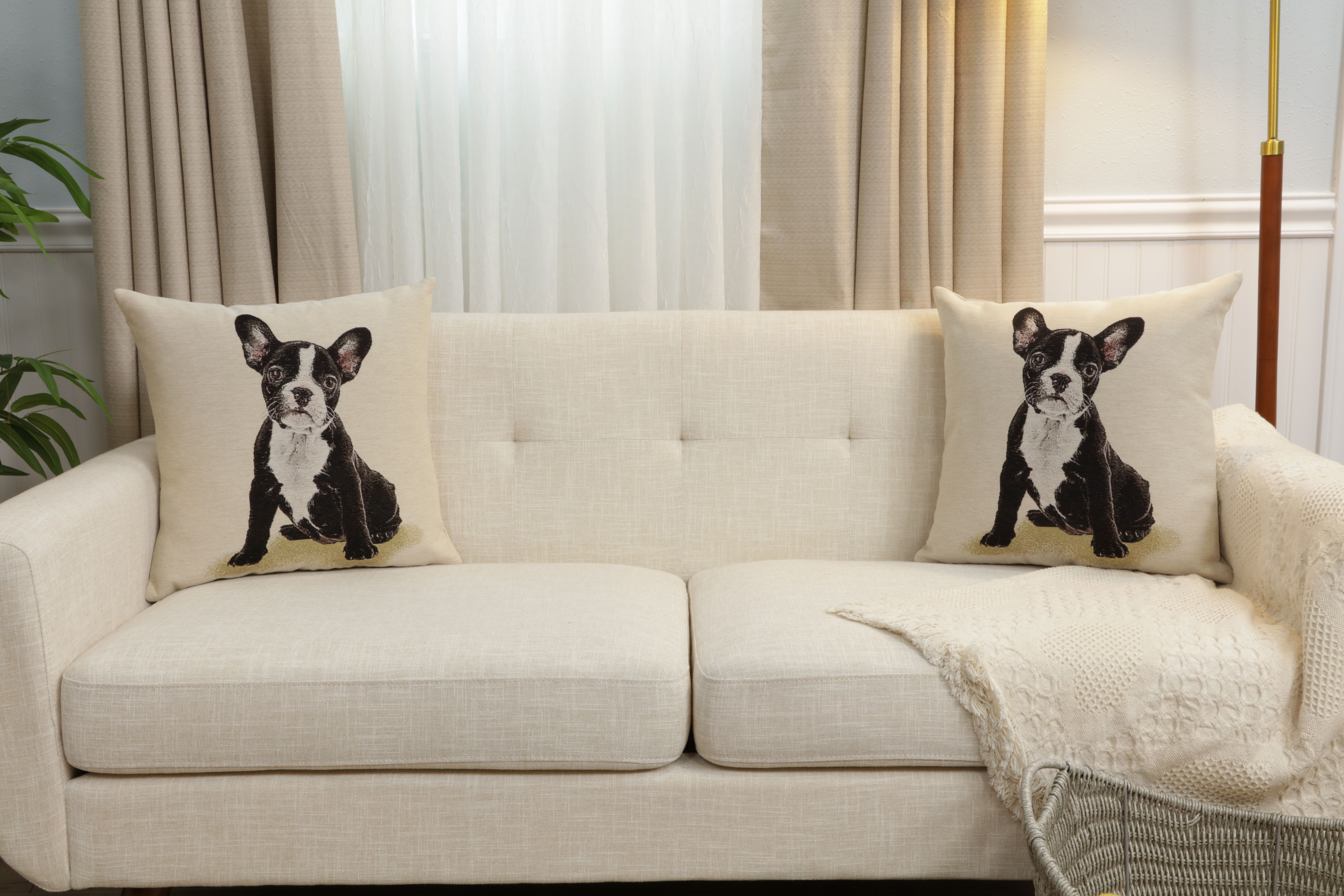 Boston Terrier Tapestry Pillow Cover 18x18 Inch Cotton Jacquard Woven Cushion Cover