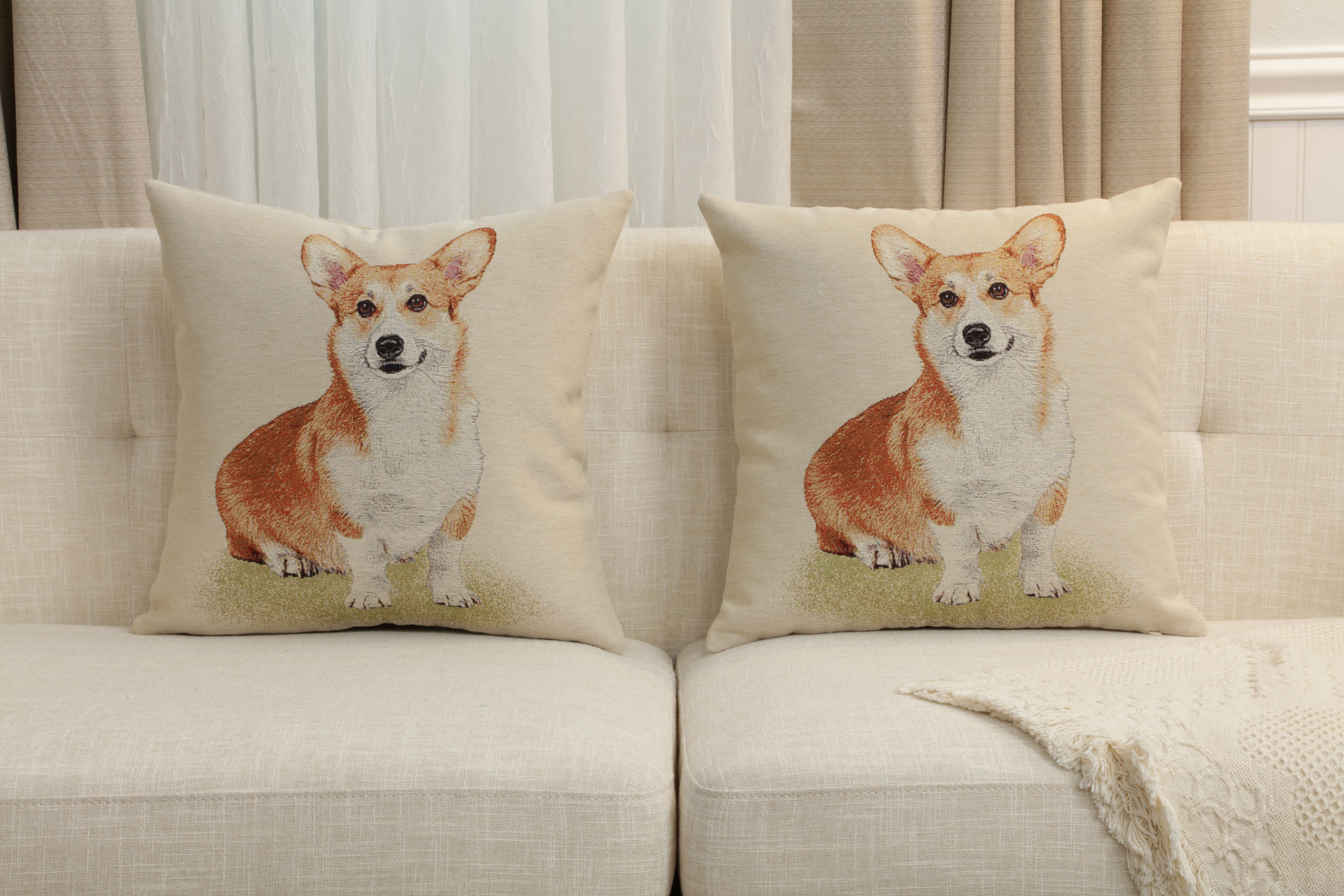 Corgi Tapestry Pillow Cover 18x18 Inch Cotton Jacquard Woven Cushion Cover