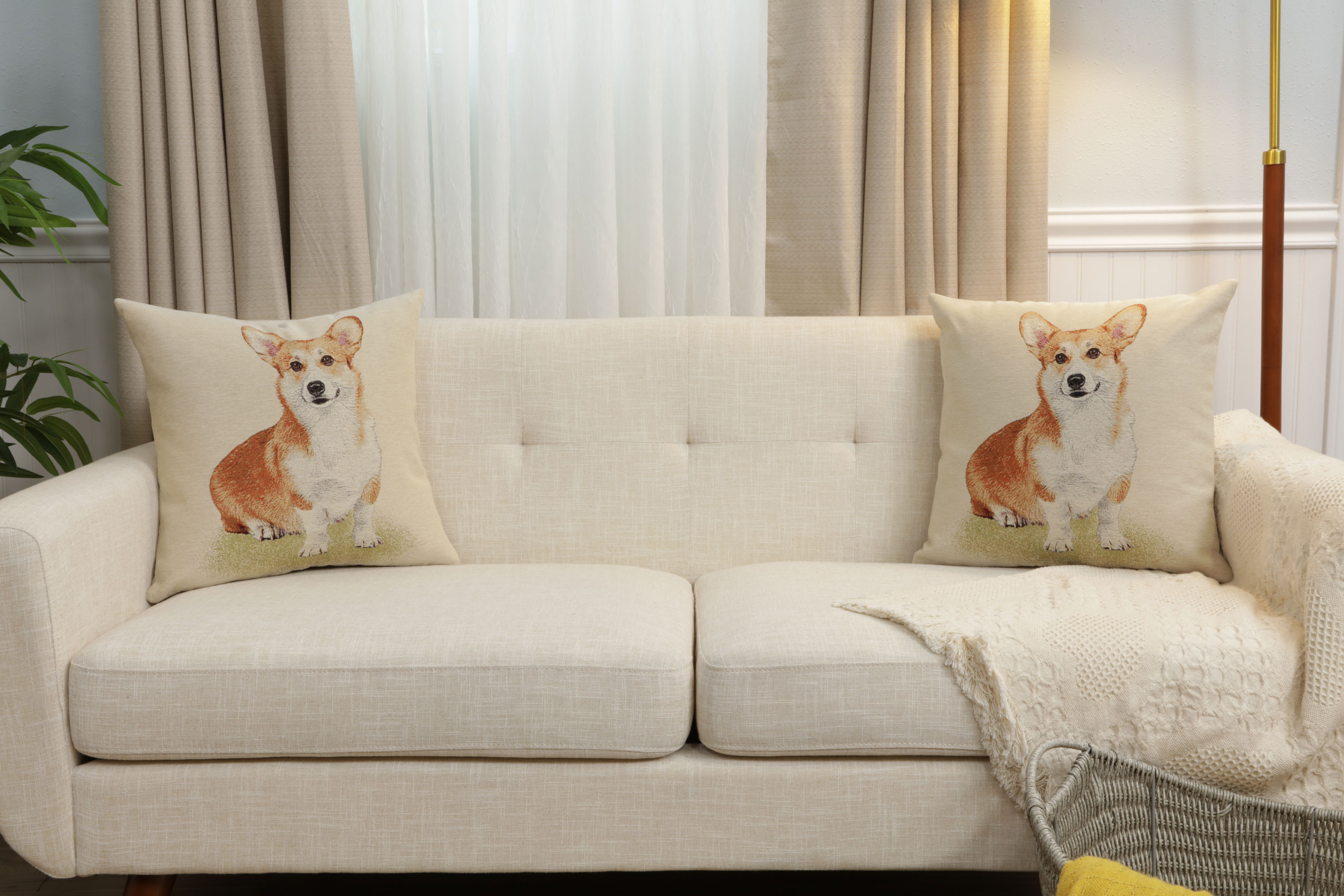 Corgi Tapestry Pillow Cover 18x18 Inch Cotton Jacquard Woven Cushion Cover