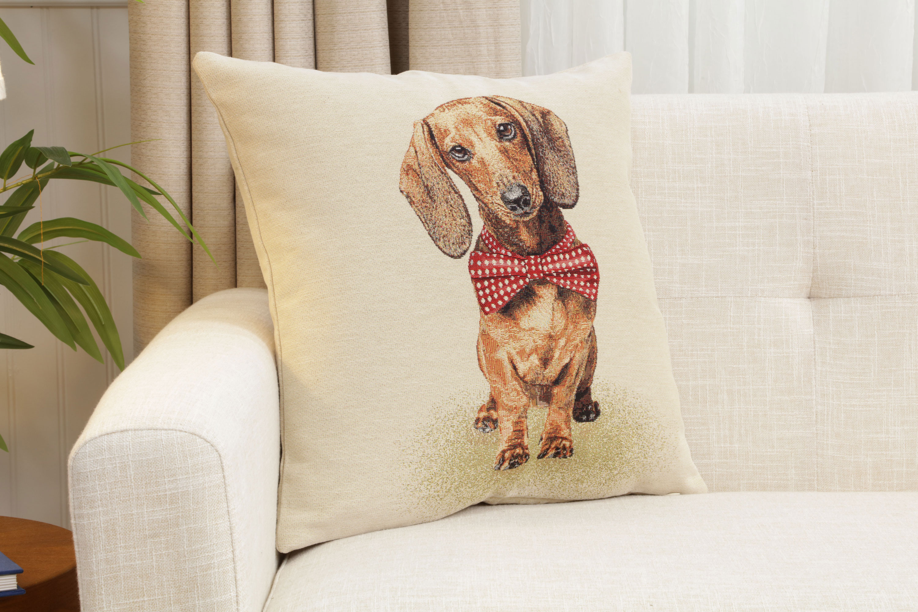 Bow Dog Tapestry Pillow Cover 18x18 Inch Cotton Jacquard Woven Cushion Cover