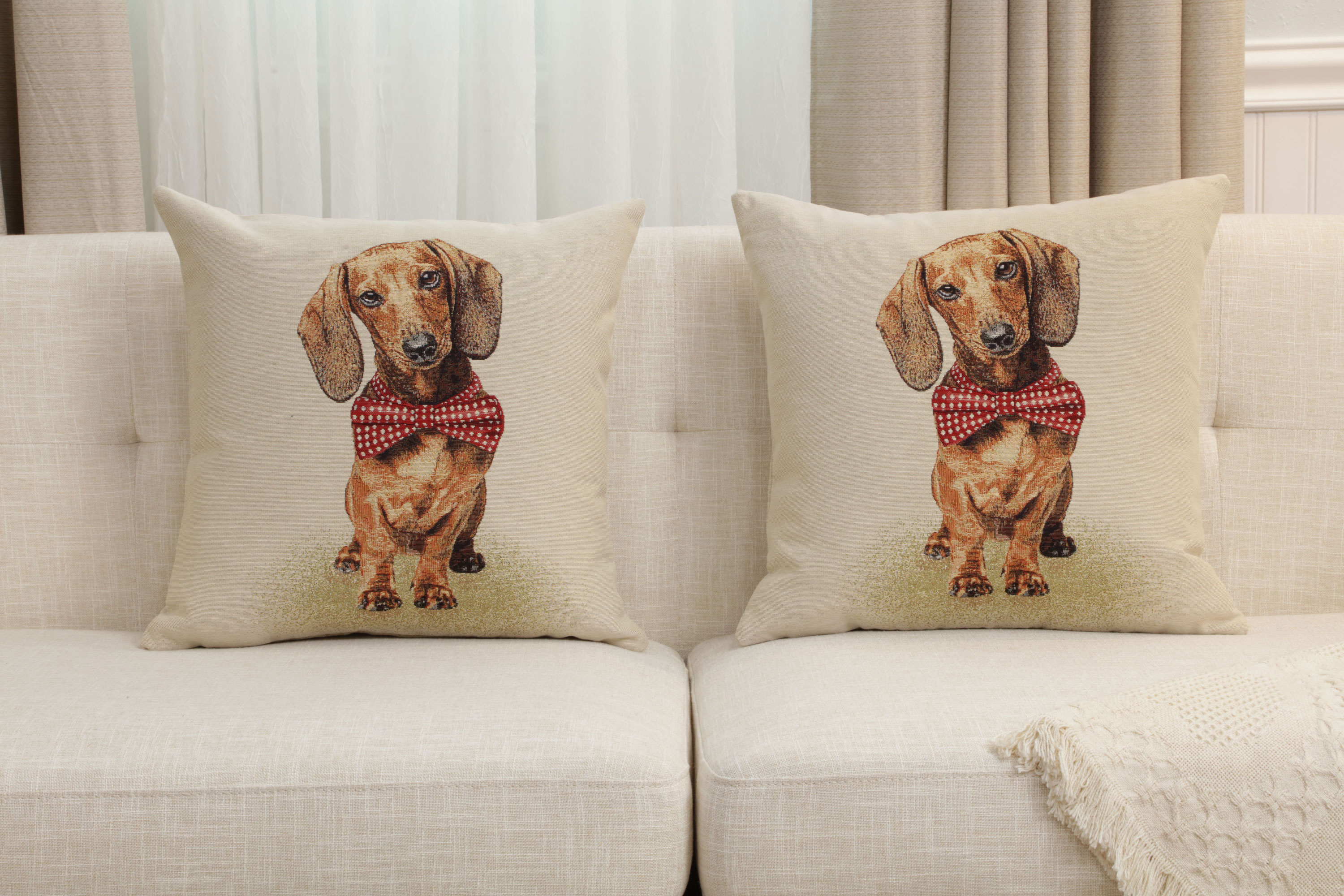 Bow Dog Tapestry Pillow Cover 18x18 Inch Cotton Jacquard Woven Cushion Cover