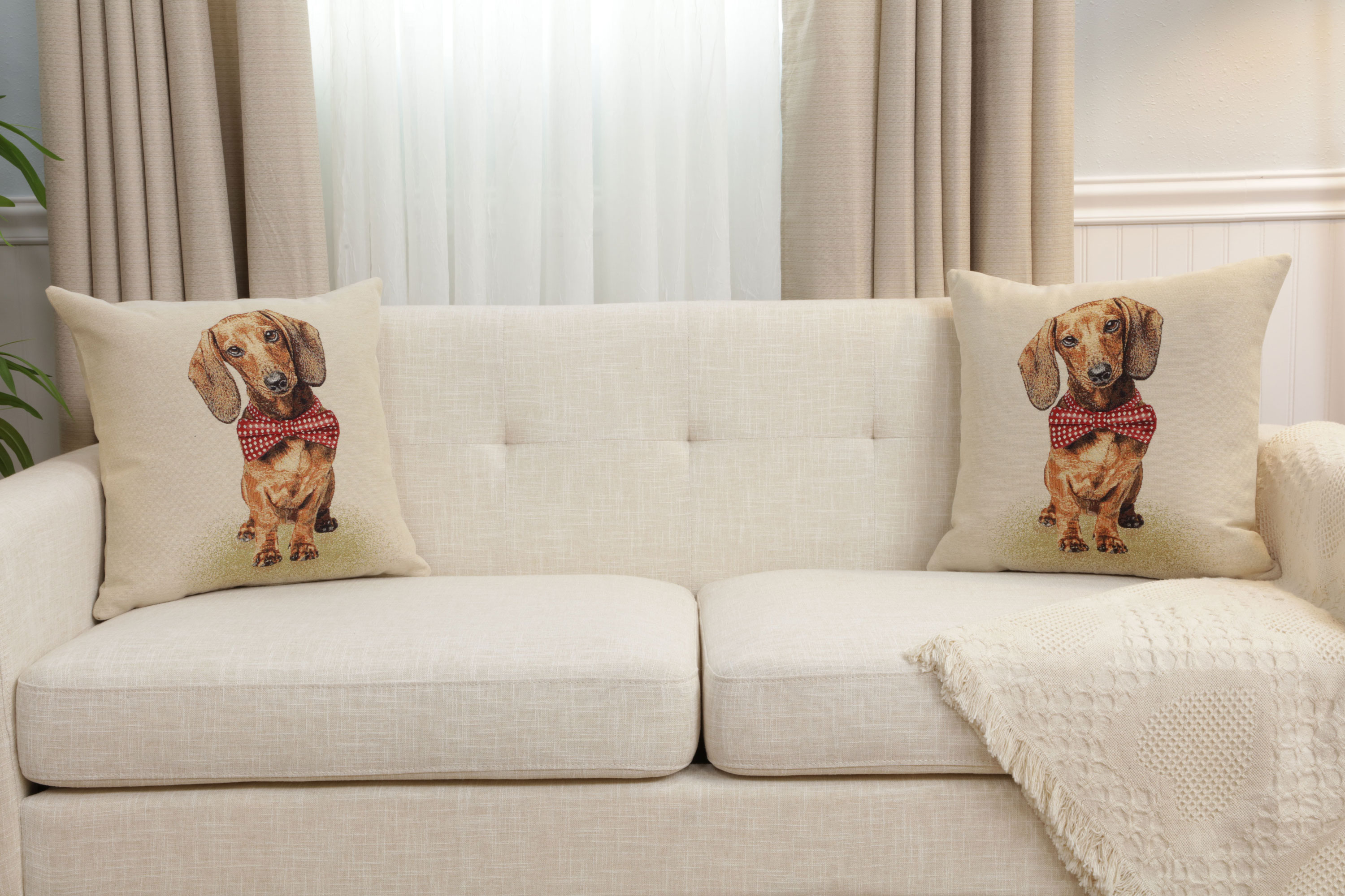 Bow Dog Tapestry Pillow Cover 18x18 Inch Cotton Jacquard Woven Cushion Cover