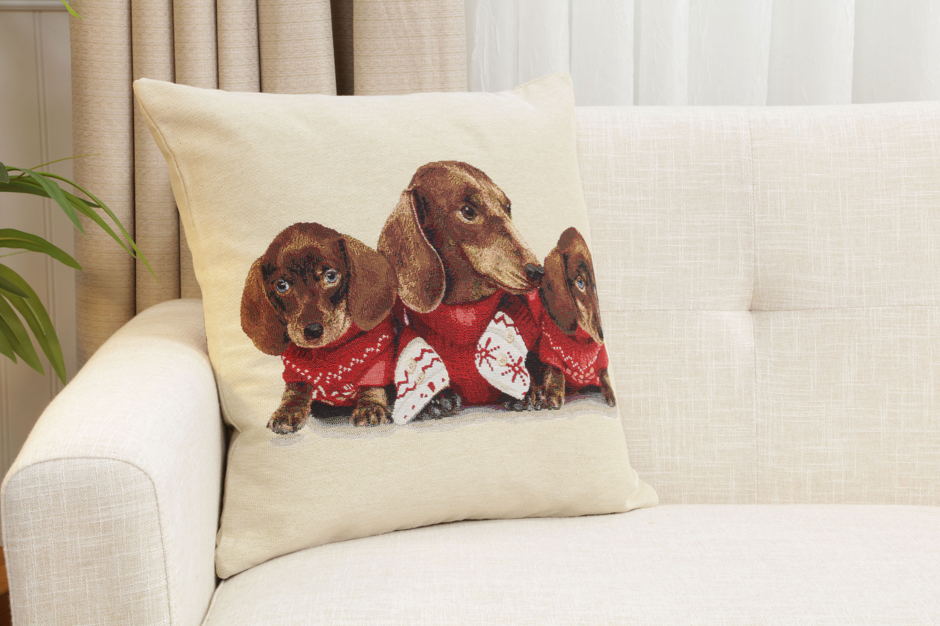 Dachshund Trio Tapestry Pillow Cover 18x18 Inch Cotton Jacquard Woven Cushion Cover