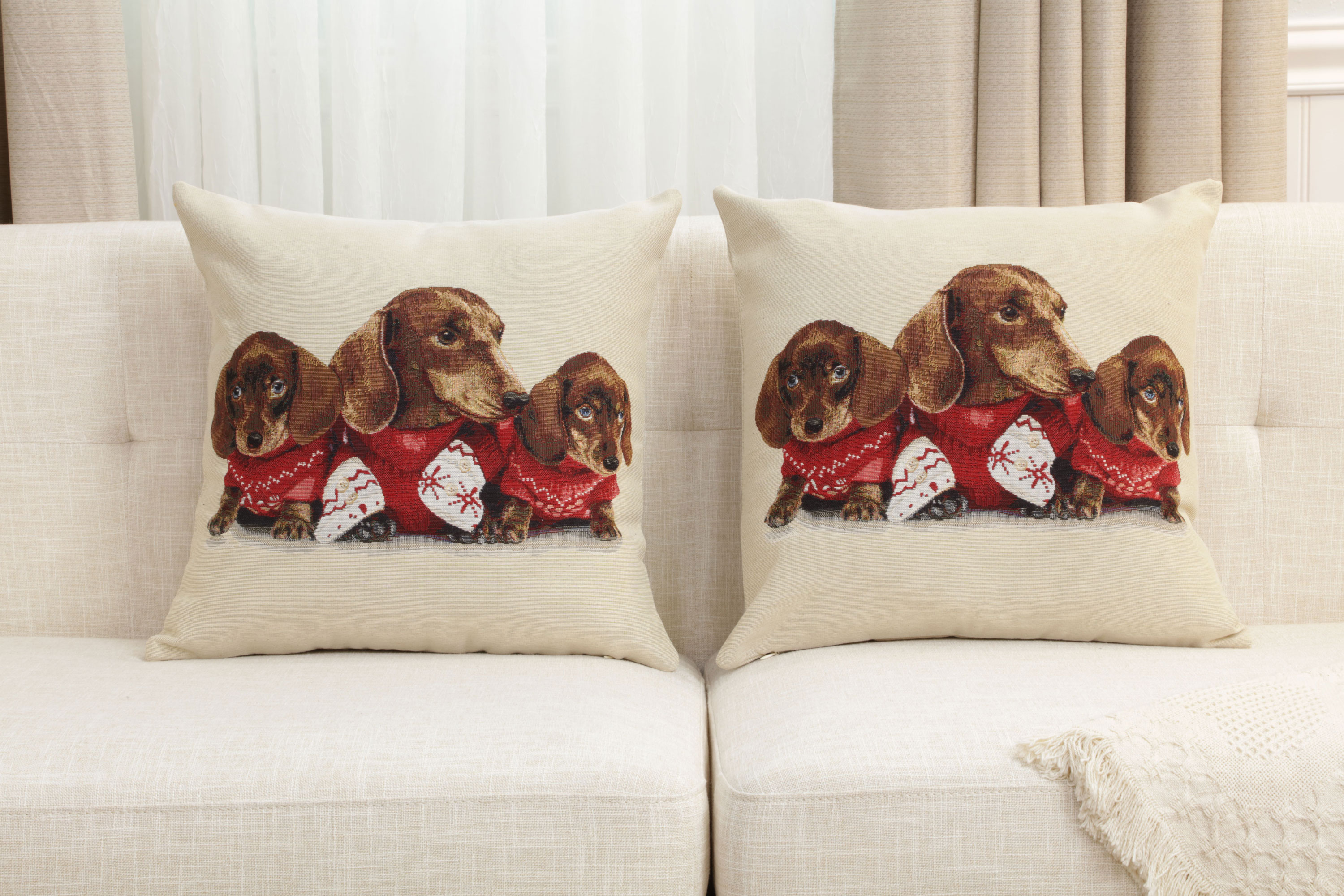 Dachshund Trio Tapestry Pillow Cover 18x18 Inch Cotton Jacquard Woven Cushion Cover