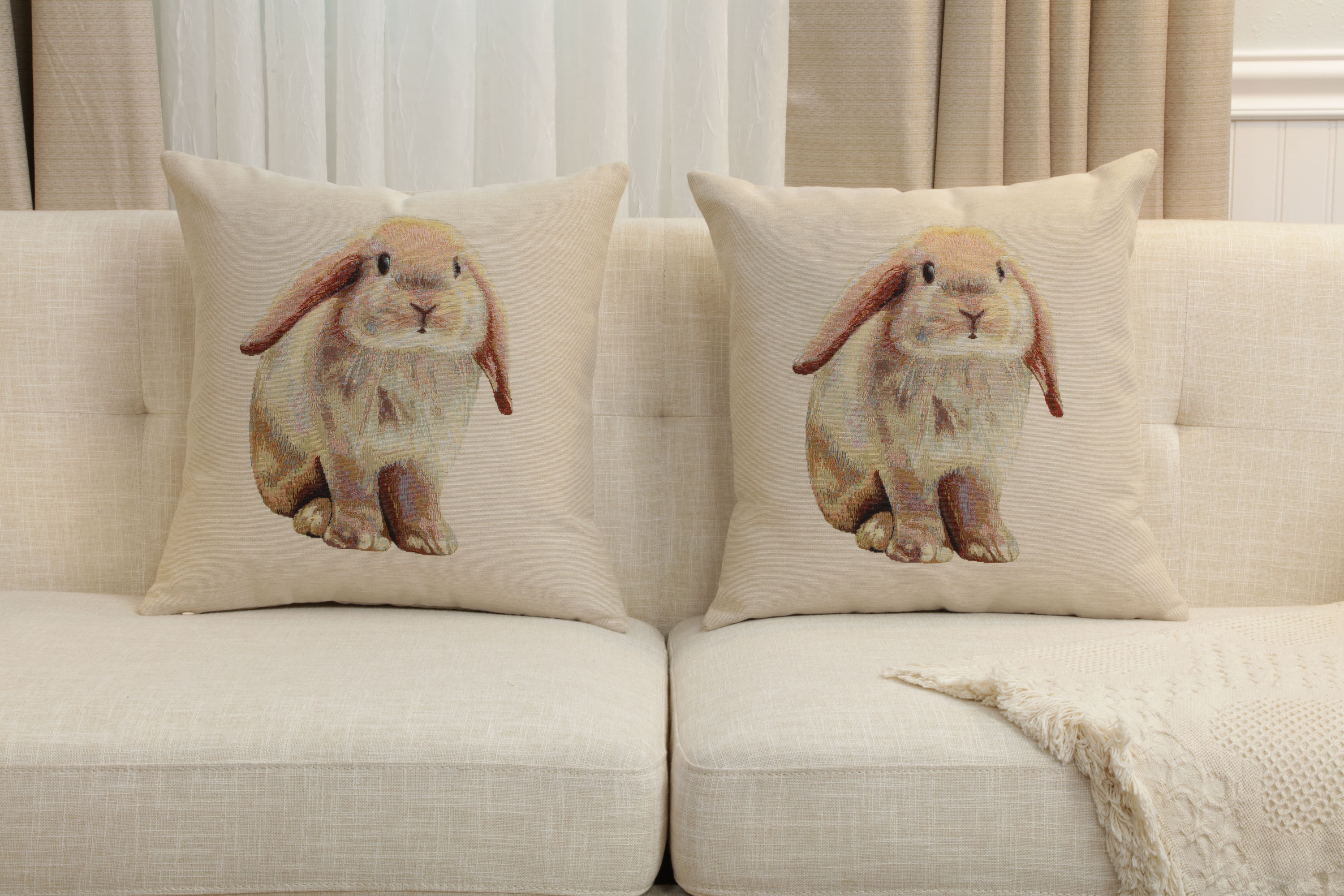 Bunny Tapestry Pillow Cover 18x18 Inch Cotton Jacquard Woven Cushion Cover