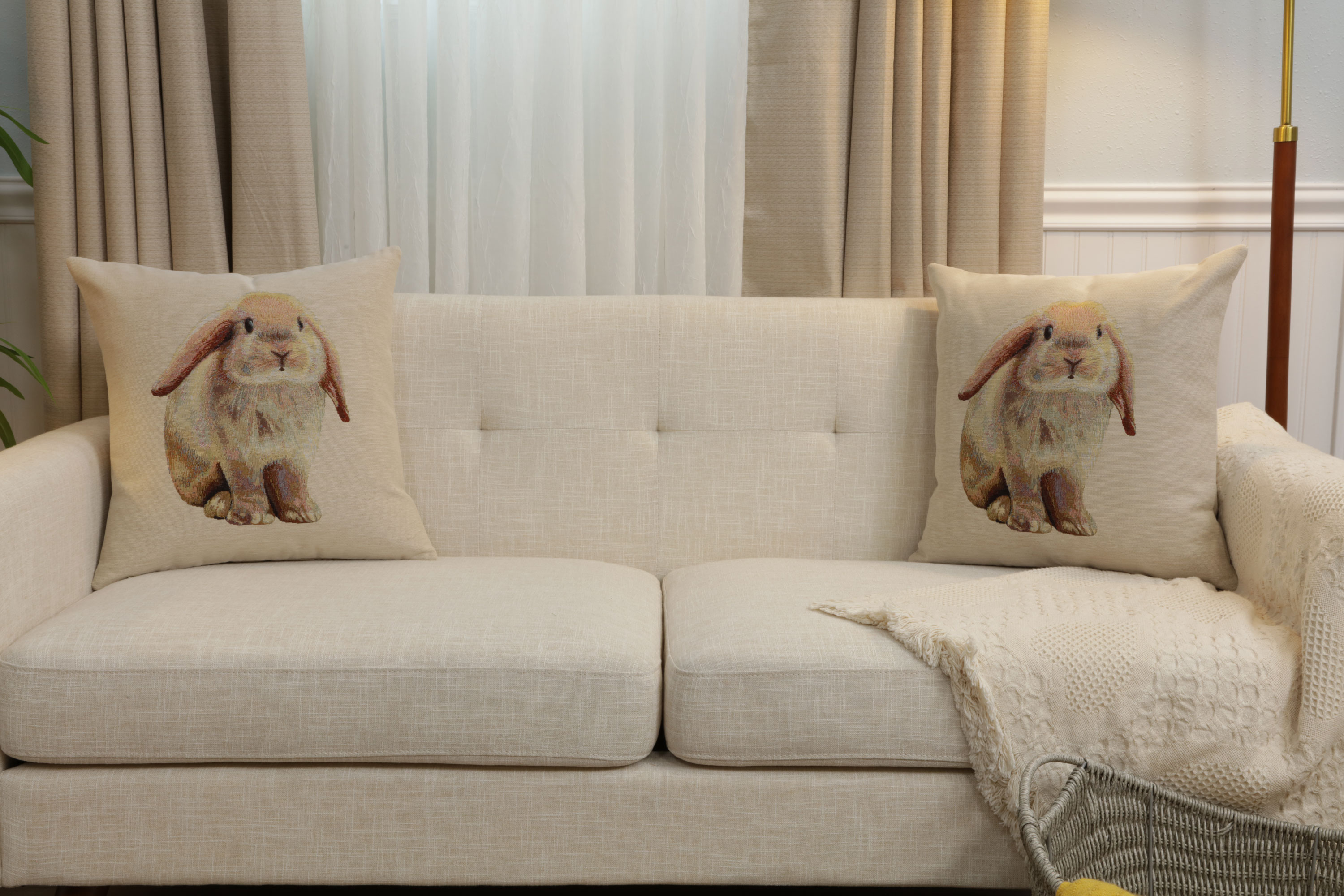 Bunny Tapestry Pillow Cover 18x18 Inch Cotton Jacquard Woven Cushion Cover