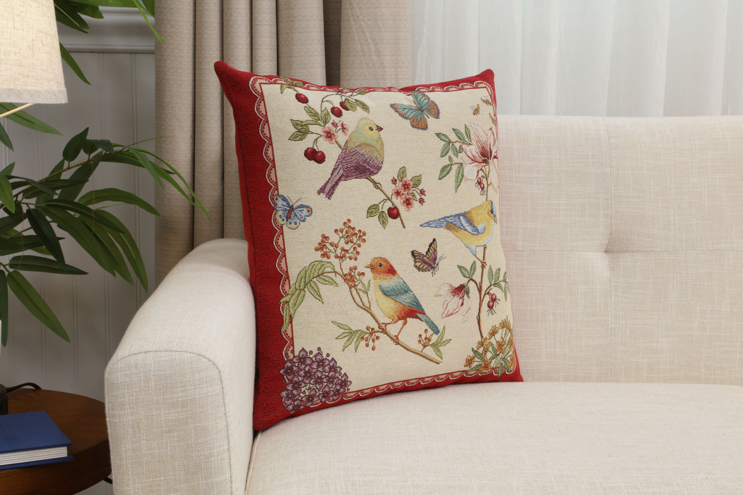 Birds on Branches European Tapestry Pillow Cover 18x18 Inch Cotton Jacquard Woven Cushion Cover