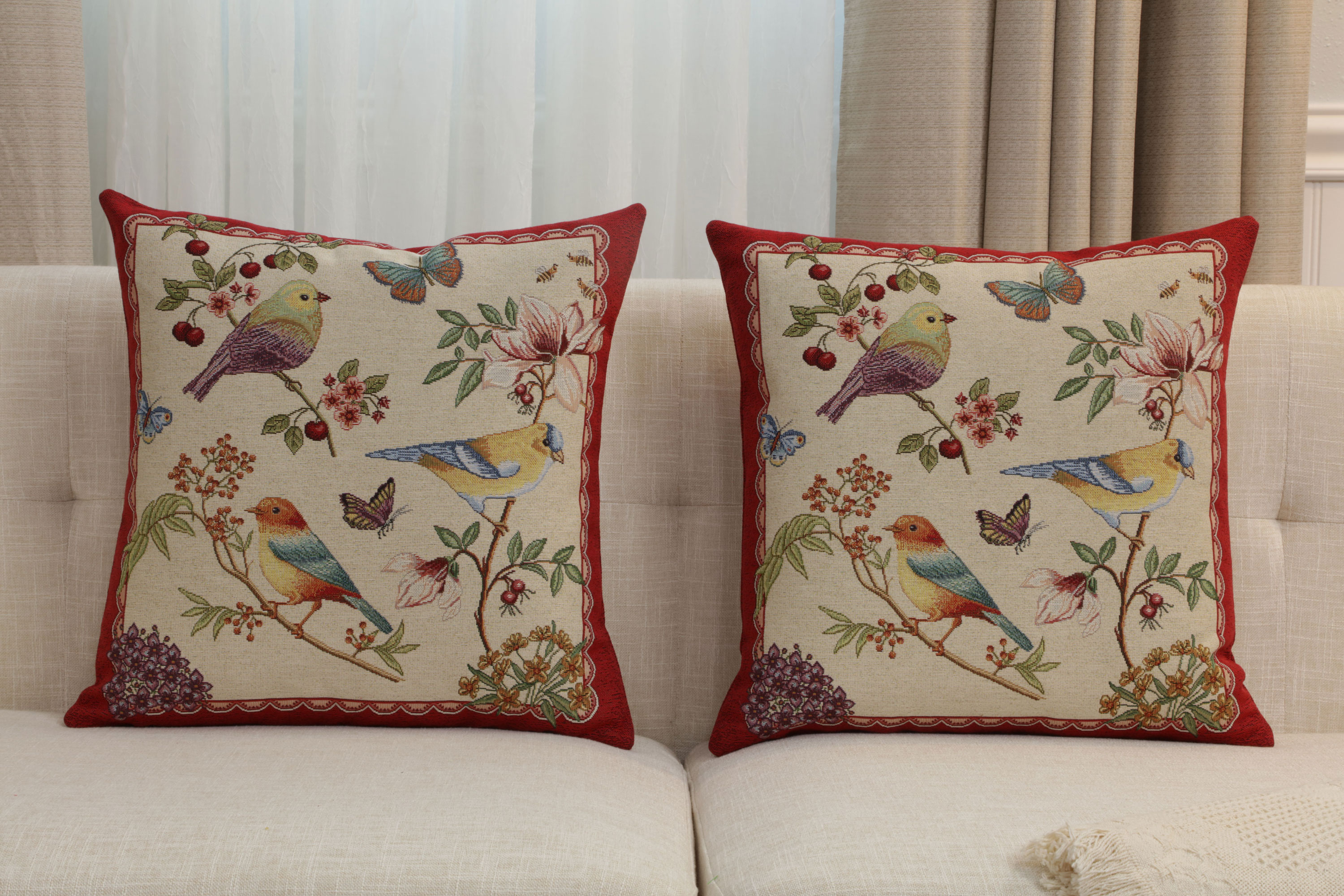 Birds on Branches European Tapestry Pillow Cover 18x18 Inch Cotton Jacquard Woven Cushion Cover