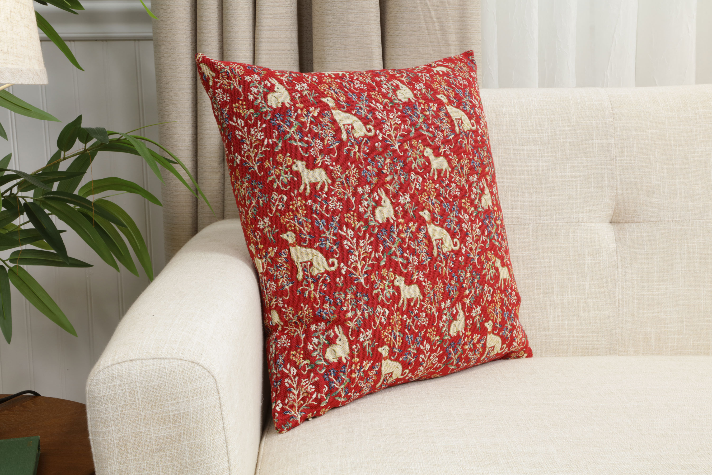 William Morris Red Rabbit Tapestry Pillow Cover 18x18 Inch Cotton Jacquard Woven Cushion Cover