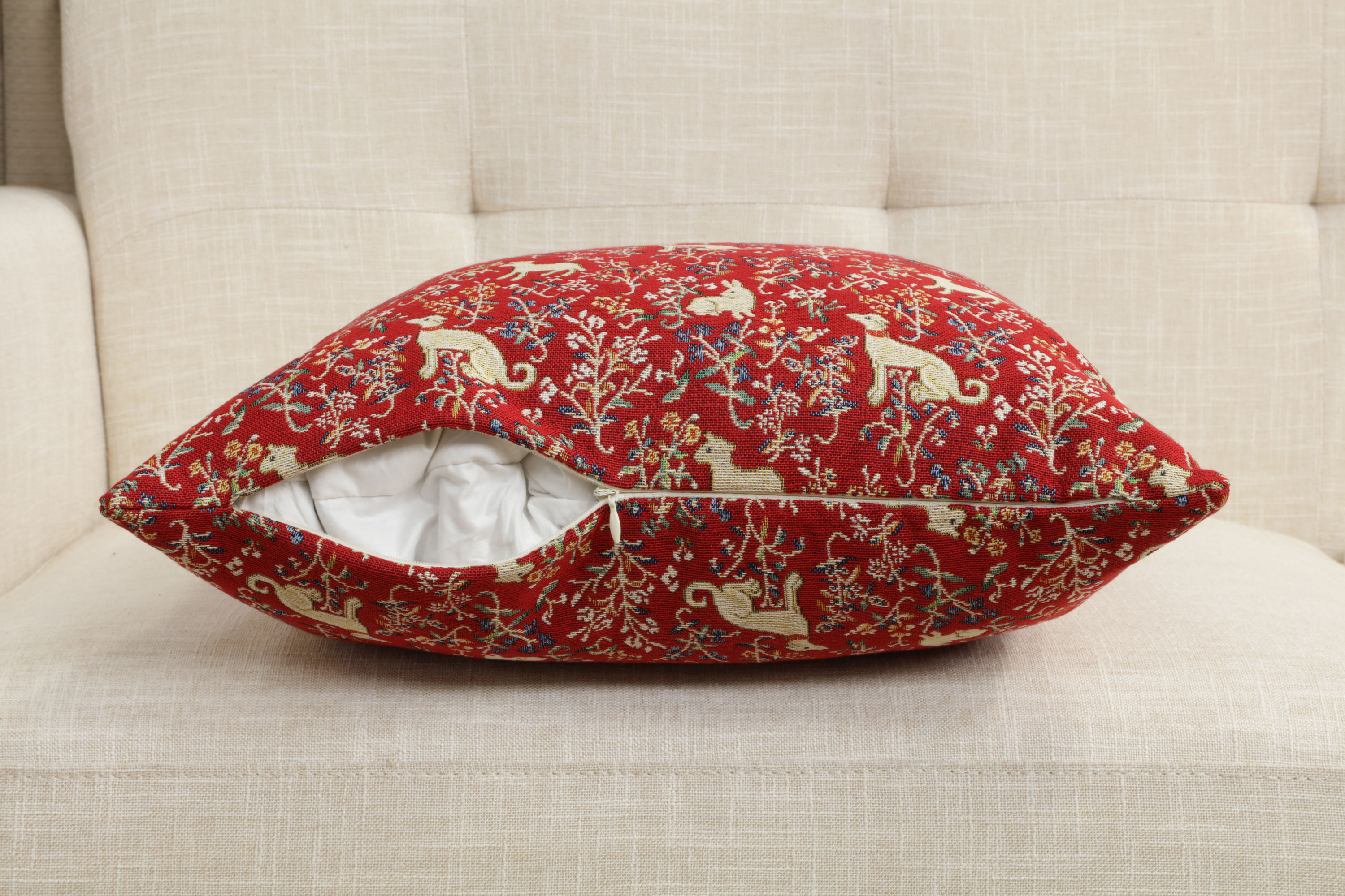 William Morris Red Rabbit Tapestry Pillow Cover 18x18 Inch Cotton Jacquard Woven Cushion Cover