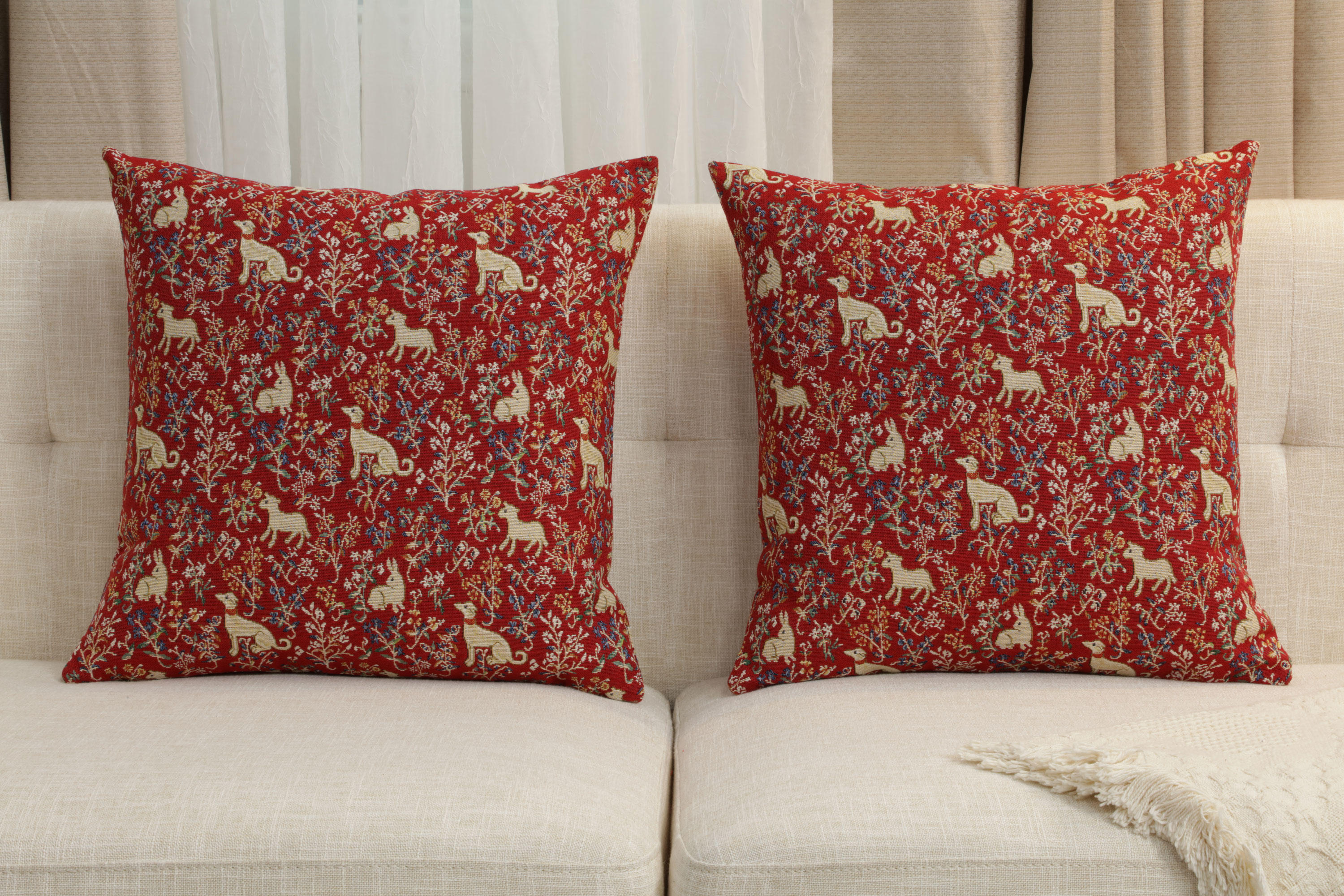 William Morris Red Rabbit Tapestry Pillow Cover 18x18 Inch Cotton Jacquard Woven Cushion Cover