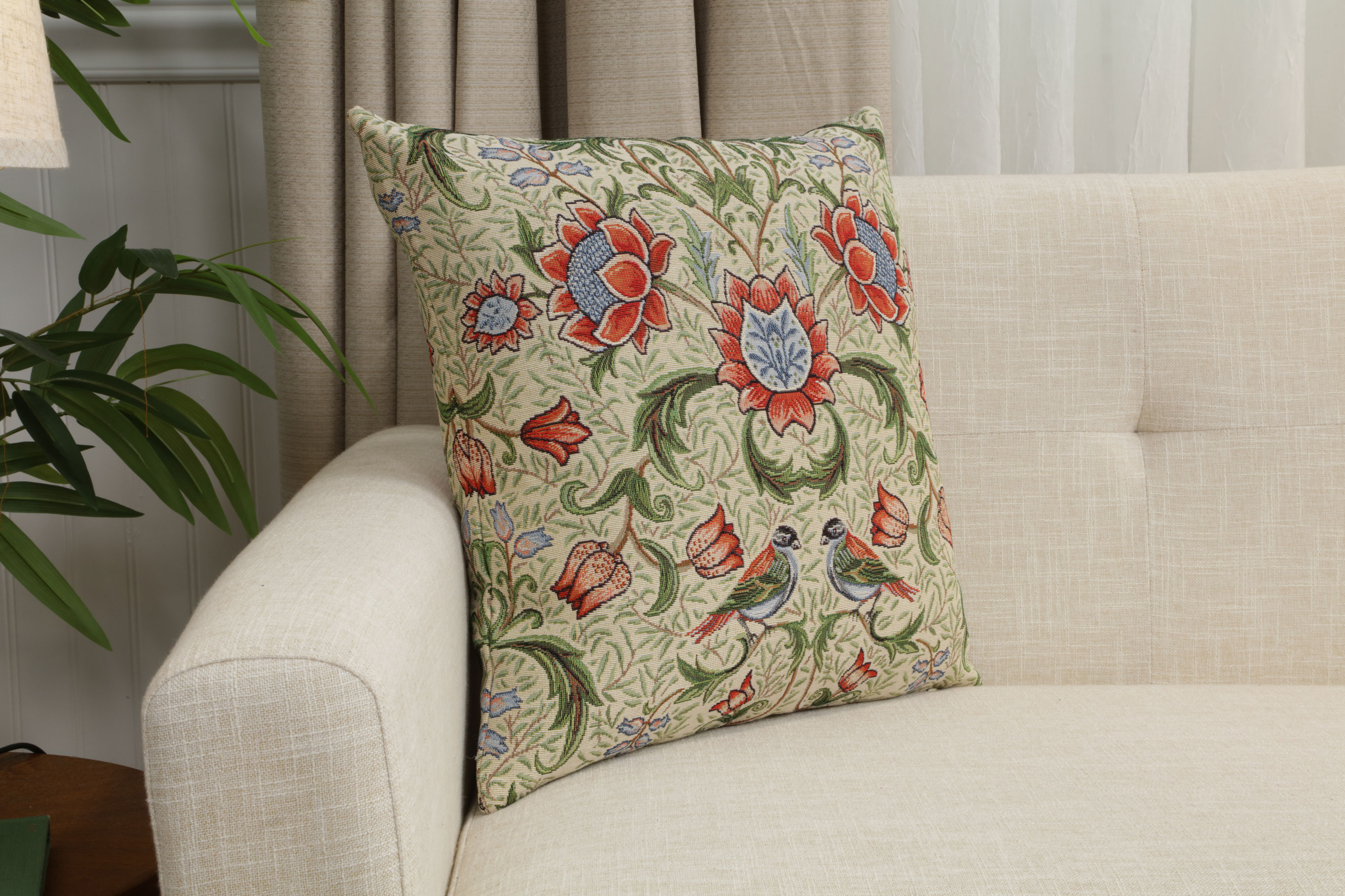 William Morris Birds and Green Tapestry Pillow Cover 18x18 Inch Cotton Jacquard Woven Cushion Cover