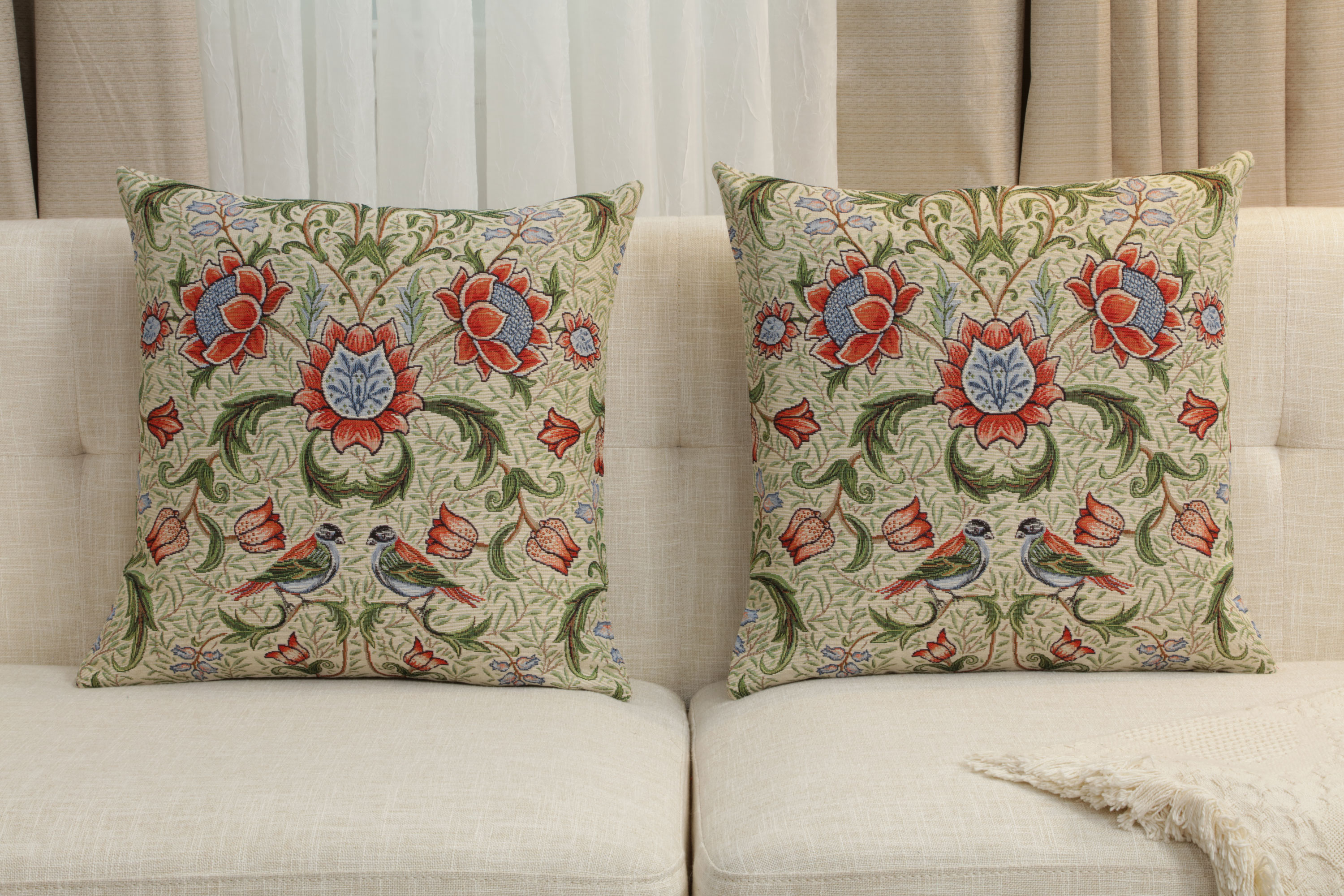 William Morris Birds and Green Tapestry Pillow Cover 18x18 Inch Cotton Jacquard Woven Cushion Cover