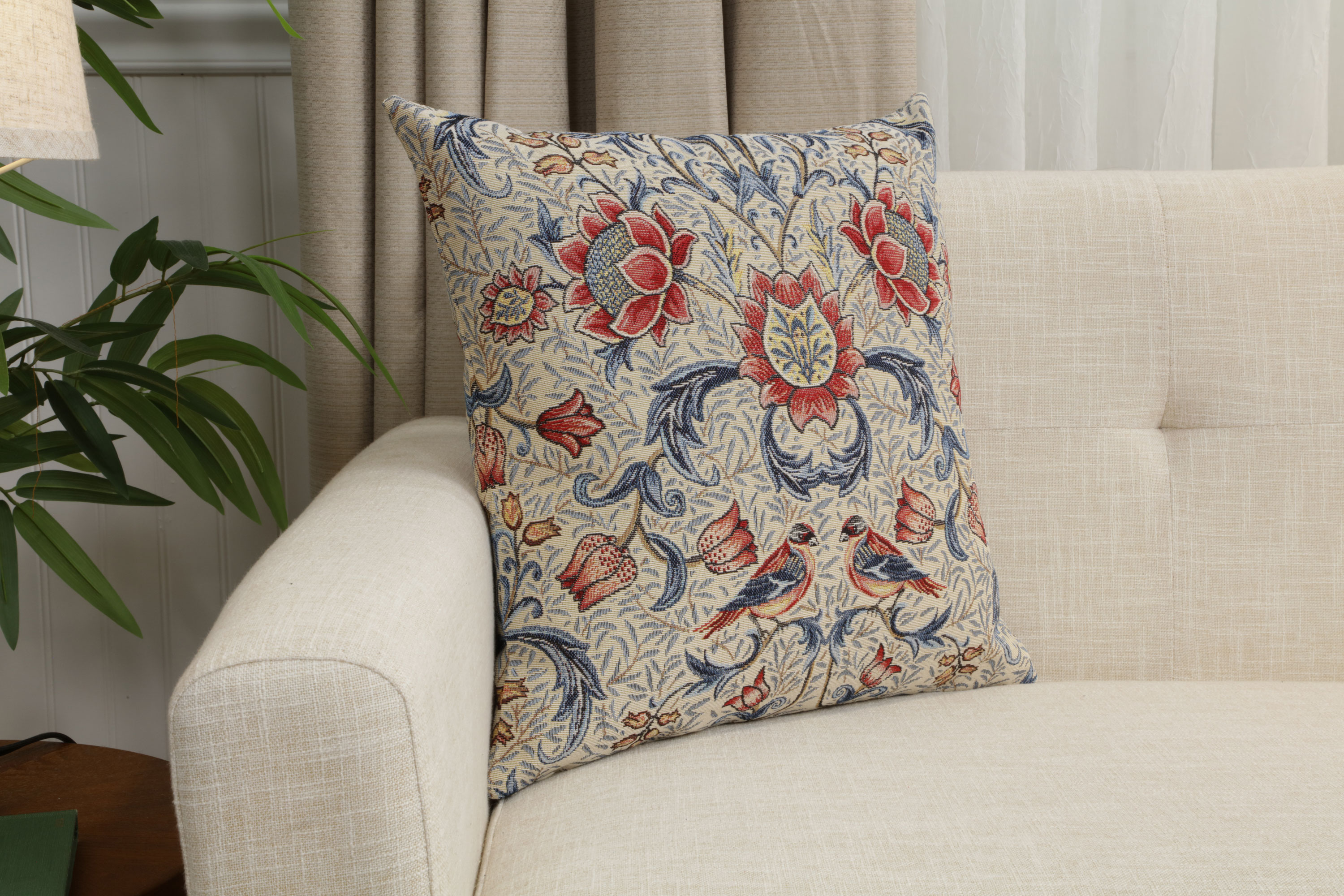 William Morris Bird and Light Blue Tapestry Pillow Cover 18x18 Inch Cotton Jacquard Woven Cushion Cover