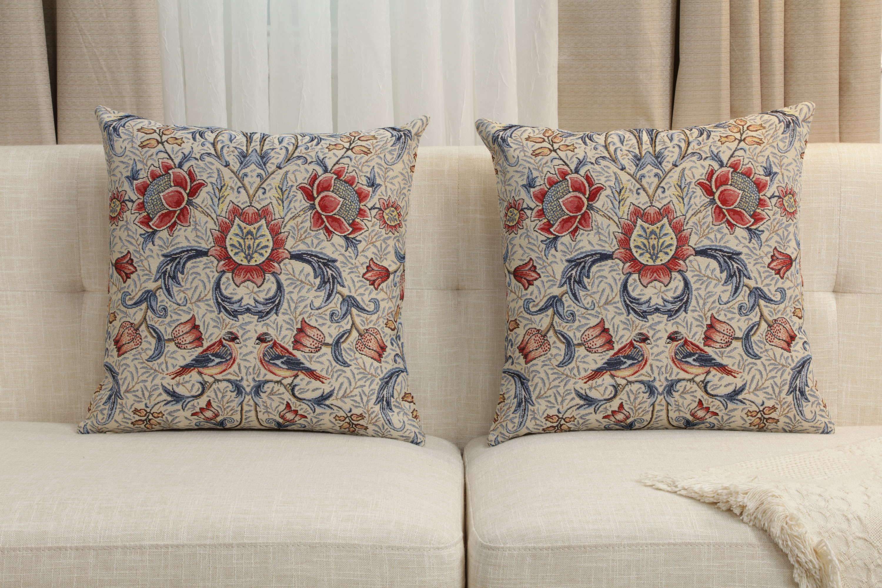 William Morris Bird and Light Blue Tapestry Pillow Cover 18x18 Inch Cotton Jacquard Woven Cushion Cover