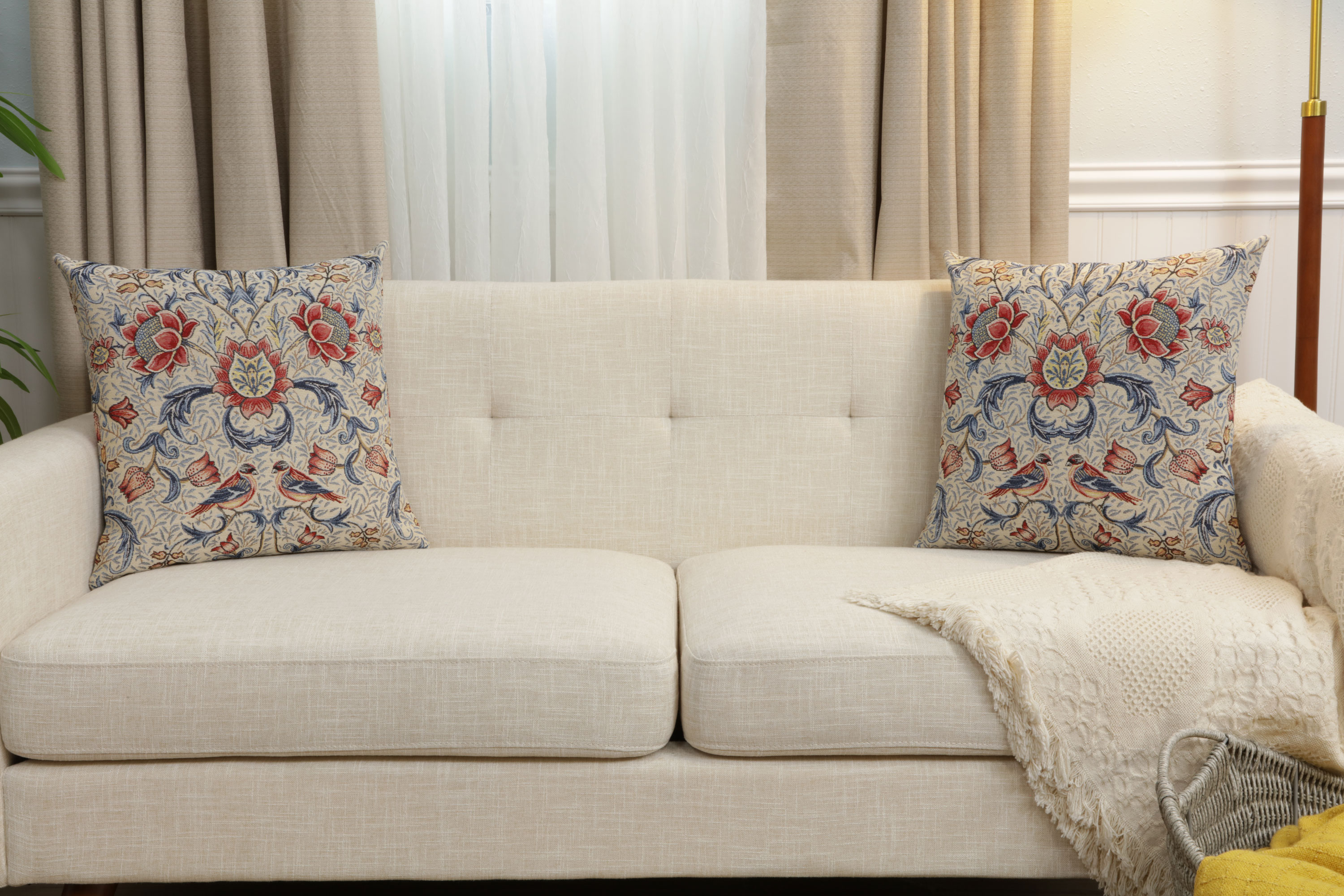 William Morris Bird and Light Blue Tapestry Pillow Cover 18x18 Inch Cotton Jacquard Woven Cushion Cover