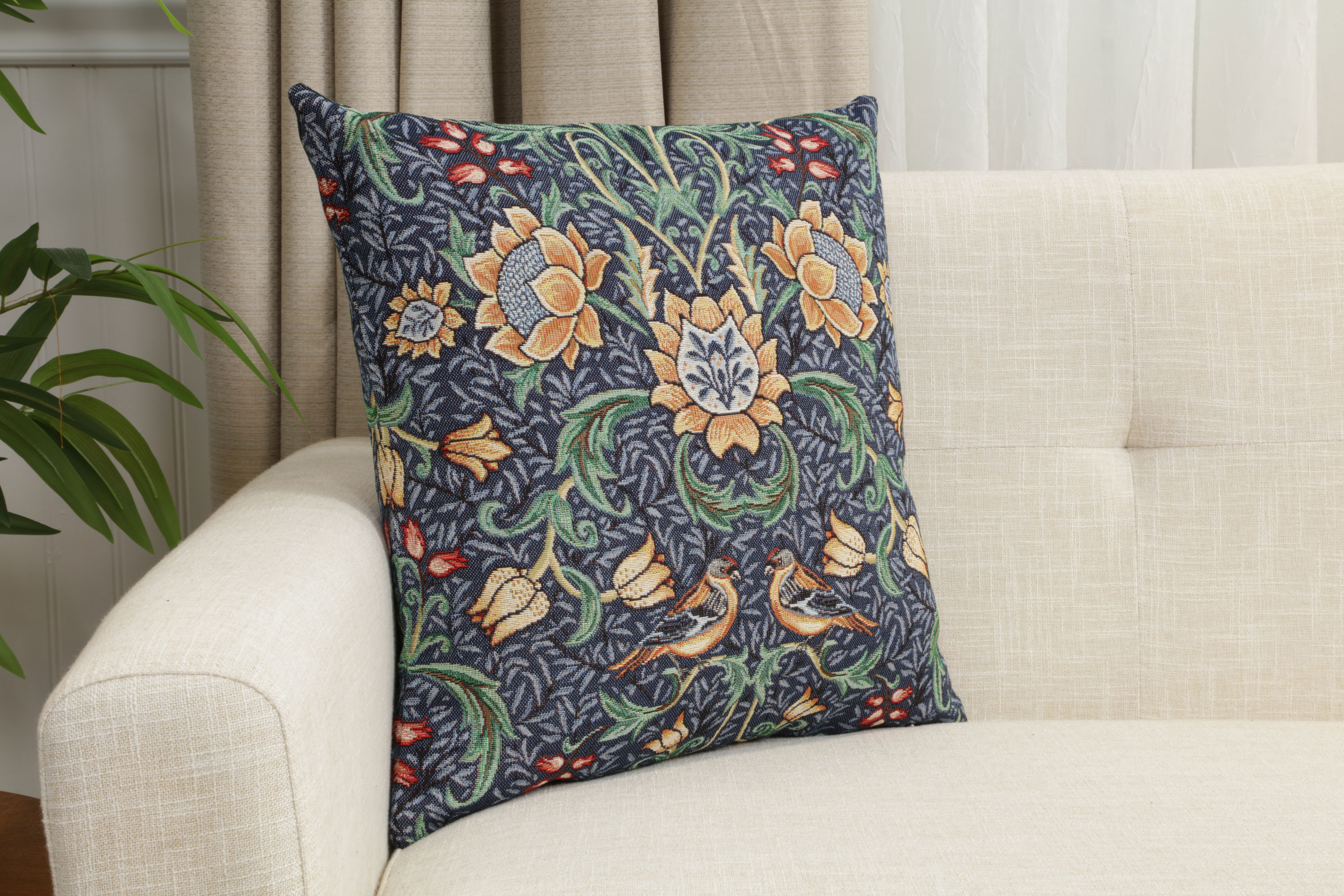William Morris Birds and Flowers Dark Blue Tapestry Pillow Cover 18x18 Inch Cotton Jacquard Woven Cushion Cover