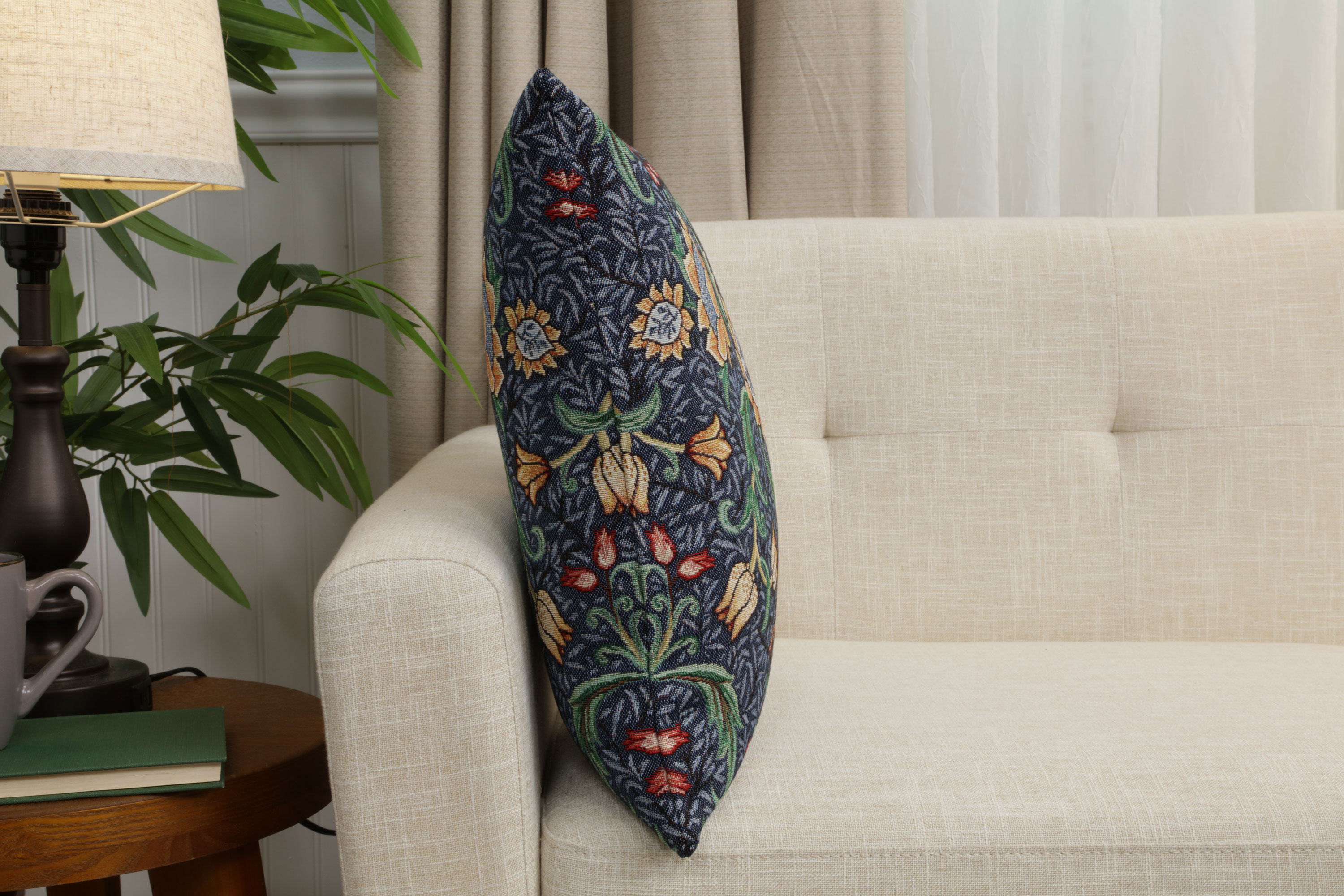 William Morris Birds and Flowers Dark Blue Tapestry Pillow Cover 18x18 Inch Cotton Jacquard Woven Cushion Cover
