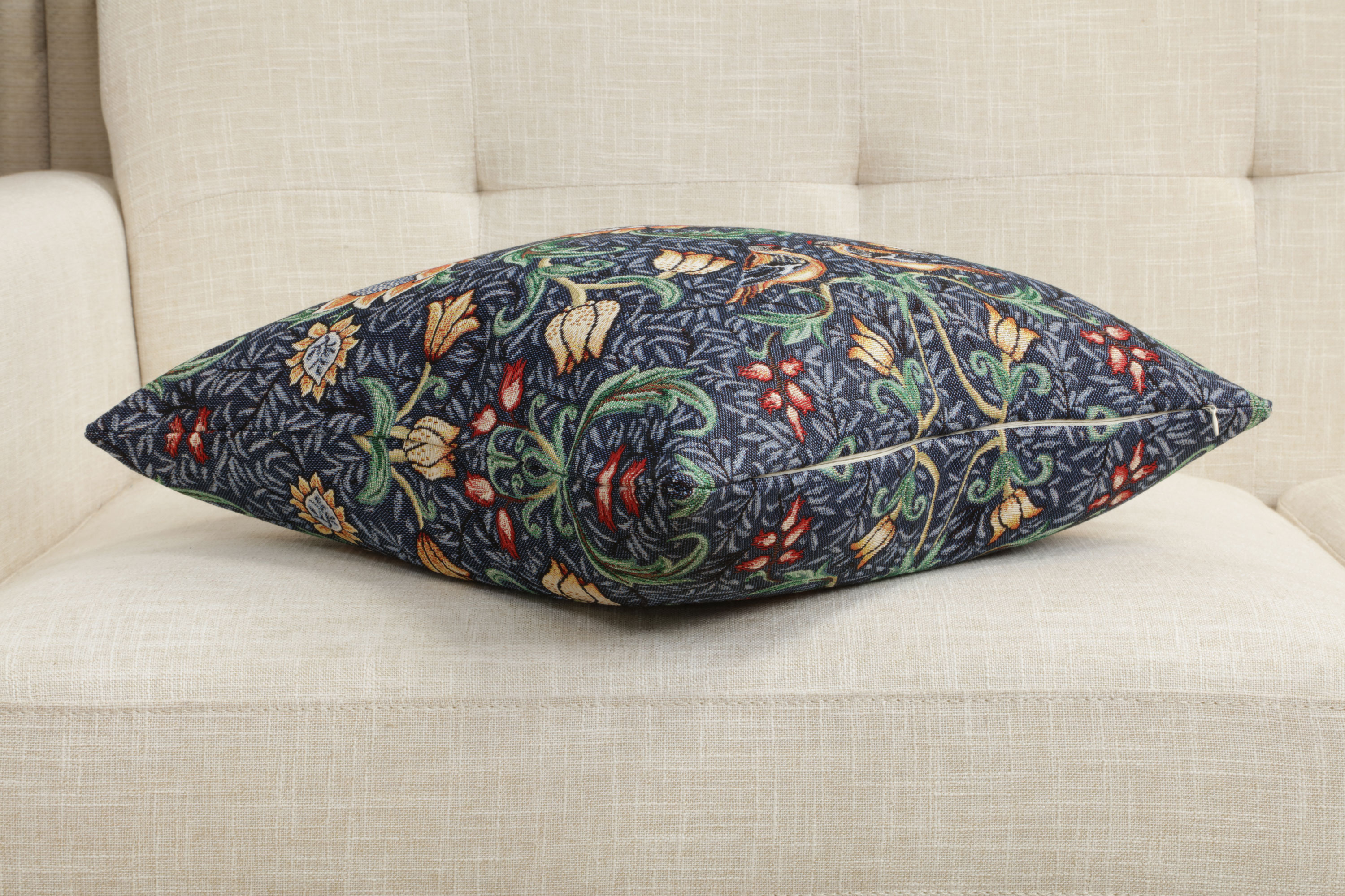 William Morris Birds and Flowers Dark Blue Tapestry Pillow Cover 18x18 Inch Cotton Jacquard Woven Cushion Cover