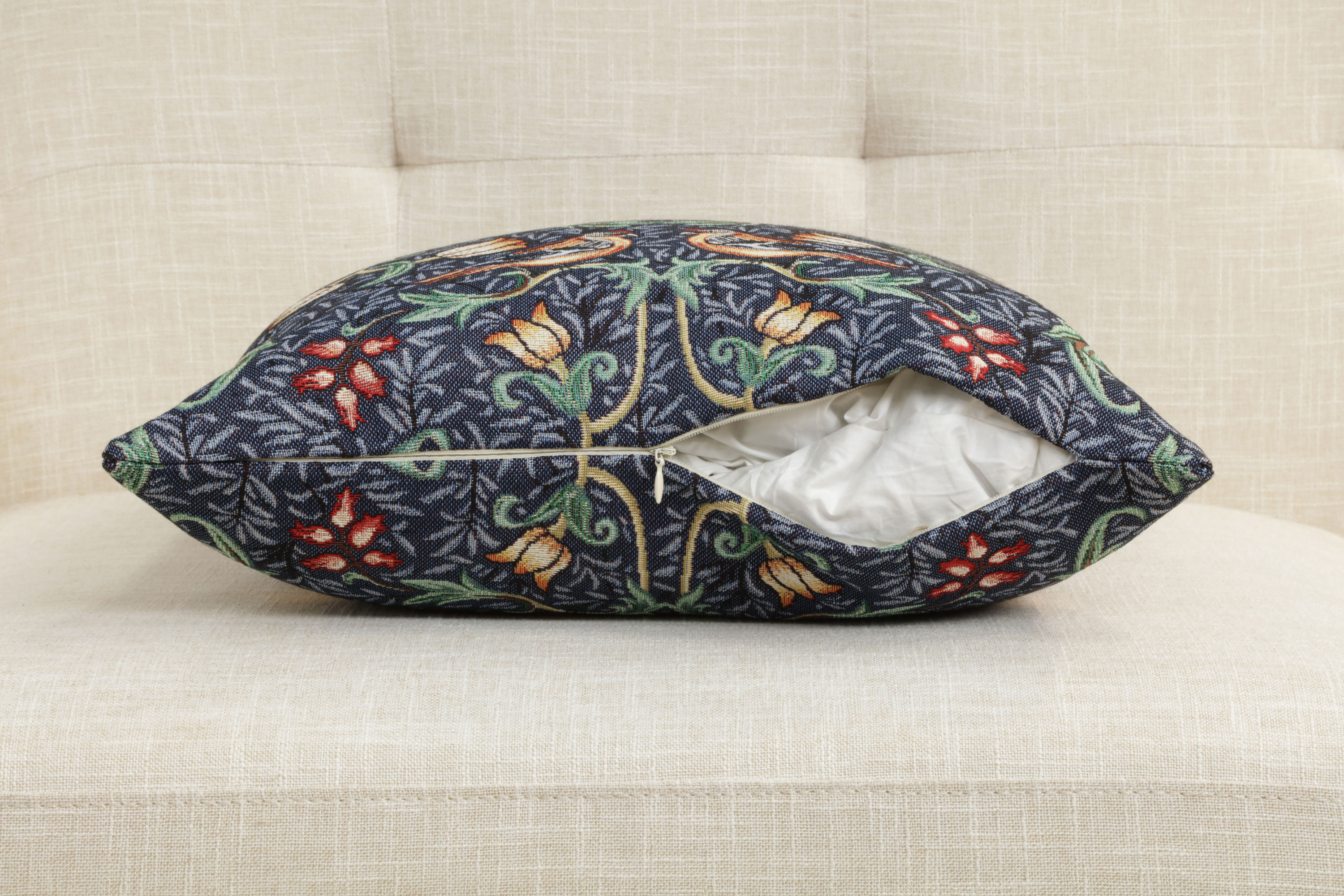 William Morris Birds and Flowers Dark Blue Tapestry Pillow Cover 18x18 Inch Cotton Jacquard Woven Cushion Cover