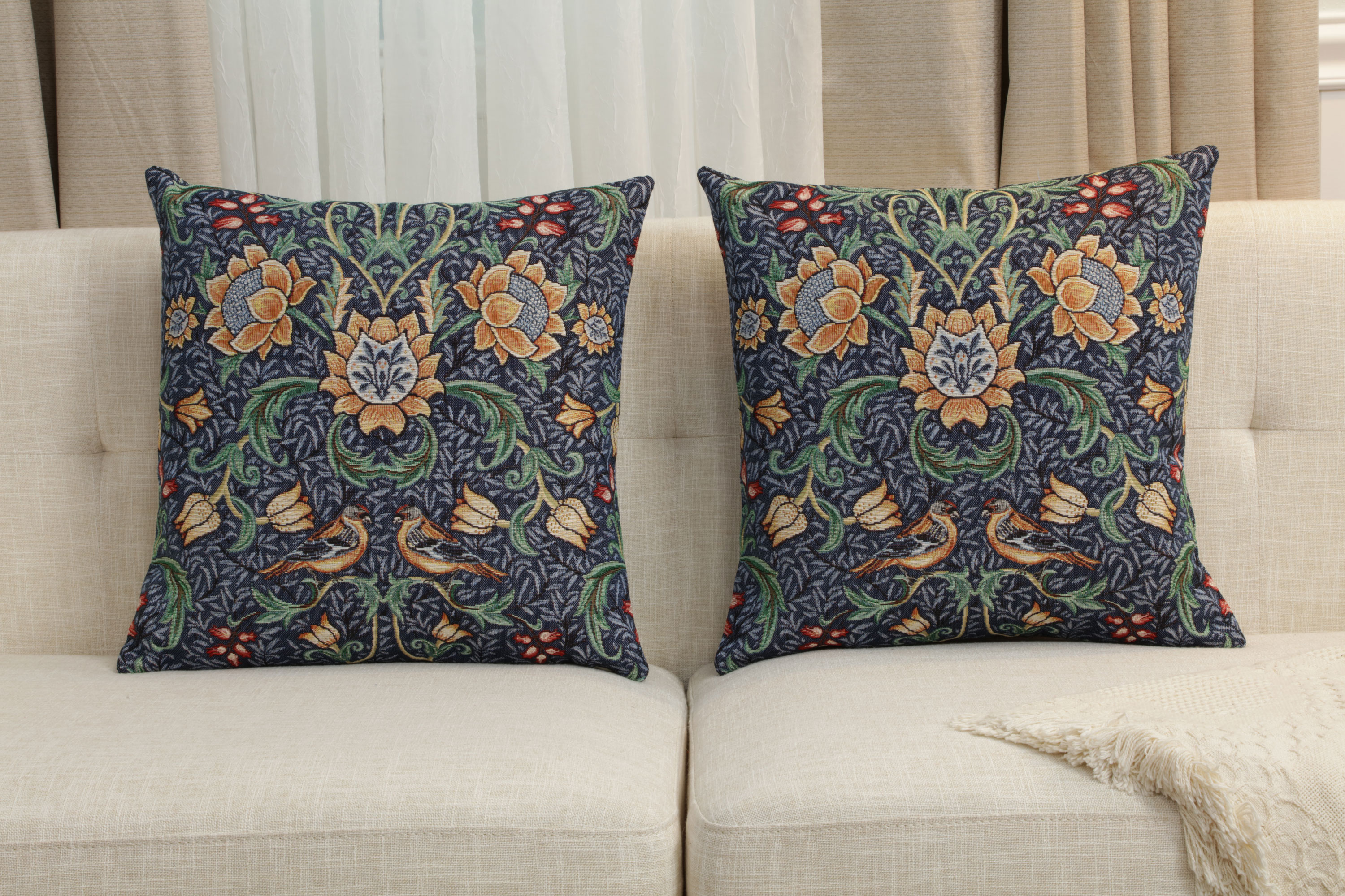 William Morris Birds and Flowers Dark Blue Tapestry Pillow Cover 18x18 Inch Cotton Jacquard Woven Cushion Cover