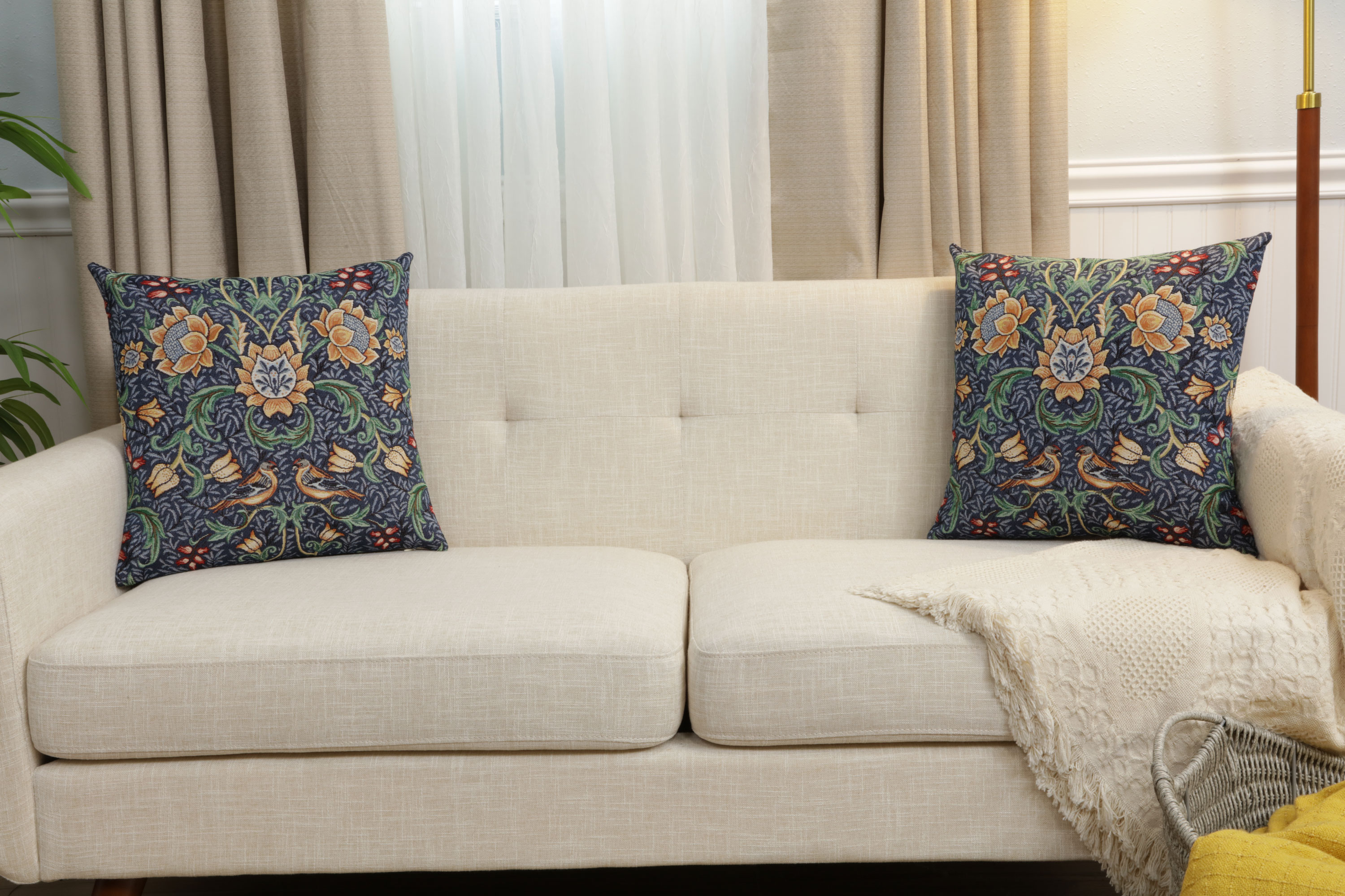 William Morris Birds and Flowers Dark Blue Tapestry Pillow Cover 18x18 Inch Cotton Jacquard Woven Cushion Cover