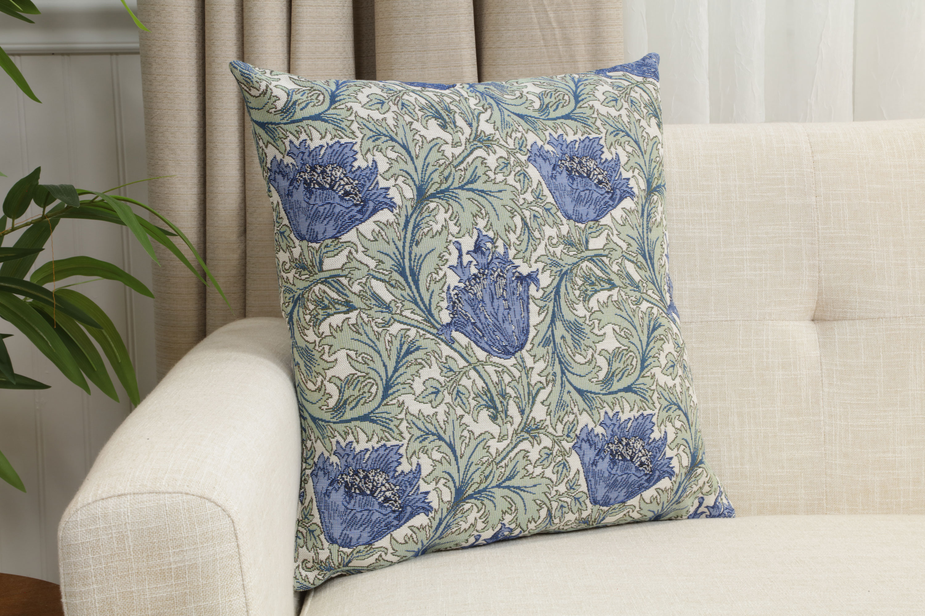 Blue Anemone Tapestry Pillow Cover 18x18 Inch Cotton Jacquard Woven Cushion Cover