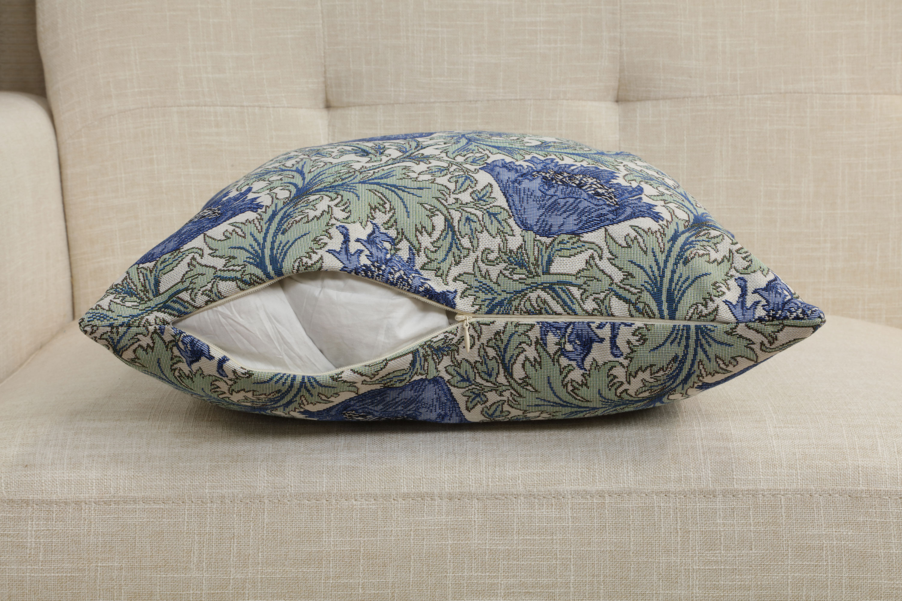 Blue Anemone Tapestry Pillow Cover 18x18 Inch Cotton Jacquard Woven Cushion Cover