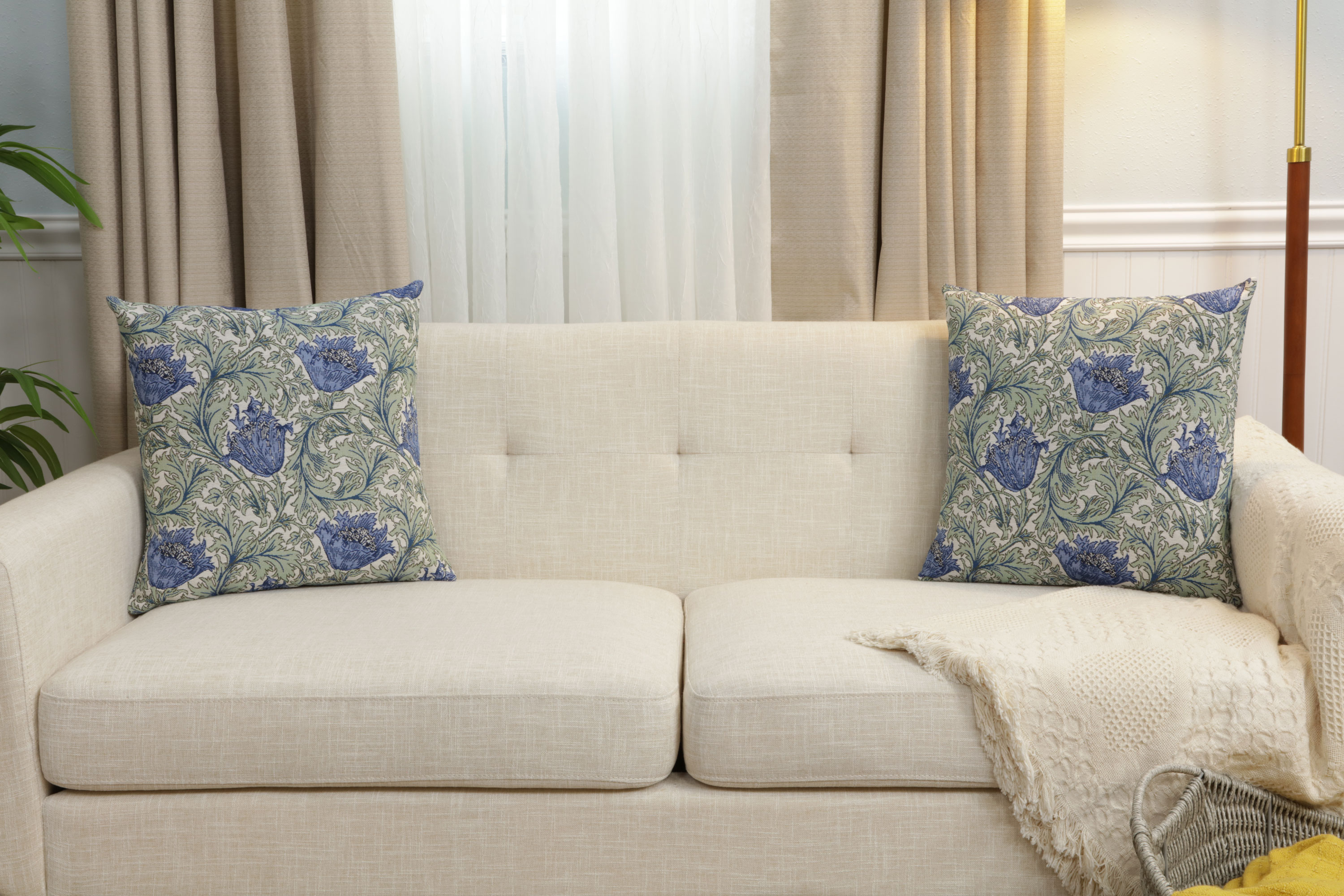 Blue Anemone Tapestry Pillow Cover 18x18 Inch Cotton Jacquard Woven Cushion Cover