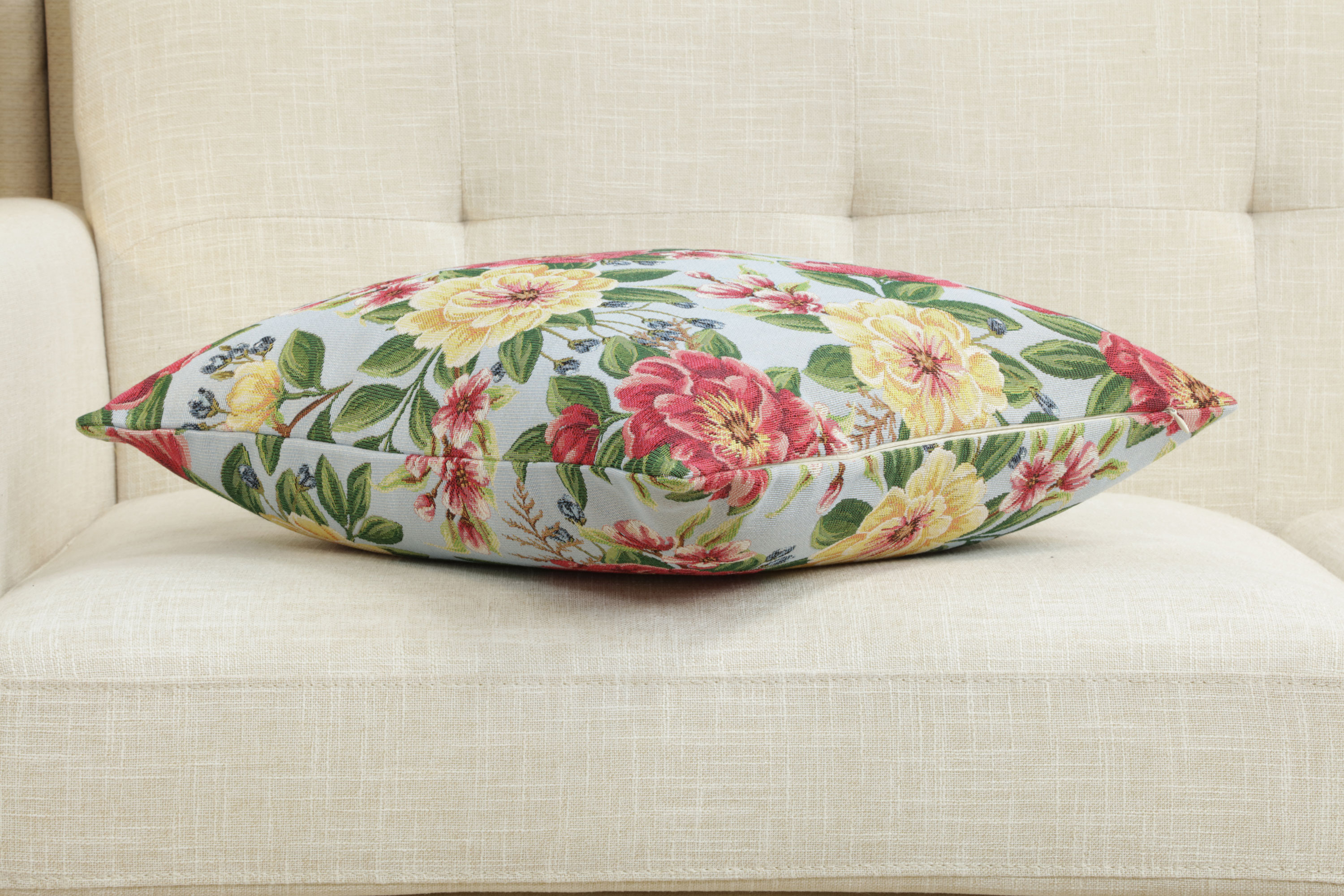 Floral Zinnia Blue Tapestry Pillow Cover 18x18 Inch Cotton Jacquard Woven Cushion Cover