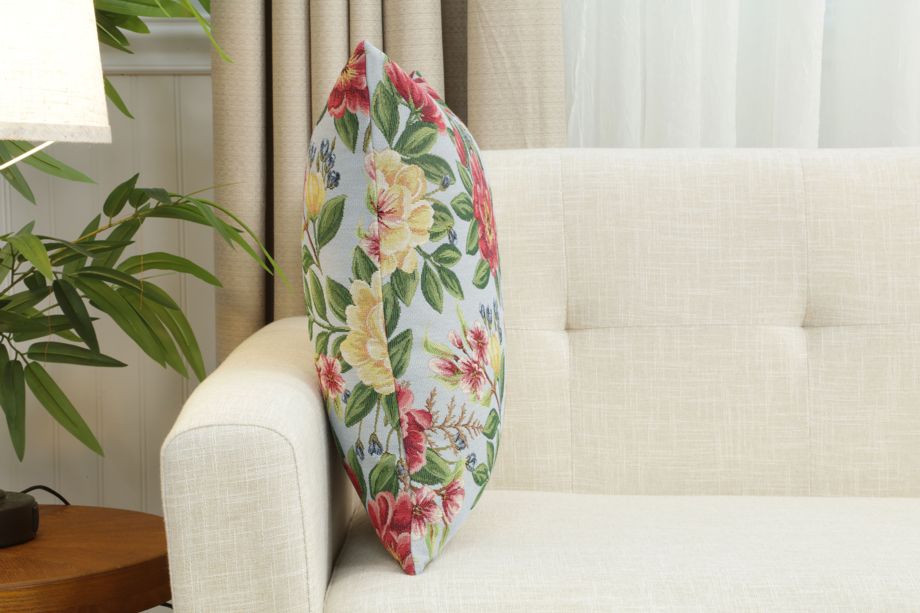 Floral Zinnia Blue Tapestry Pillow Cover 18x18 Inch Cotton Jacquard Woven Cushion Cover