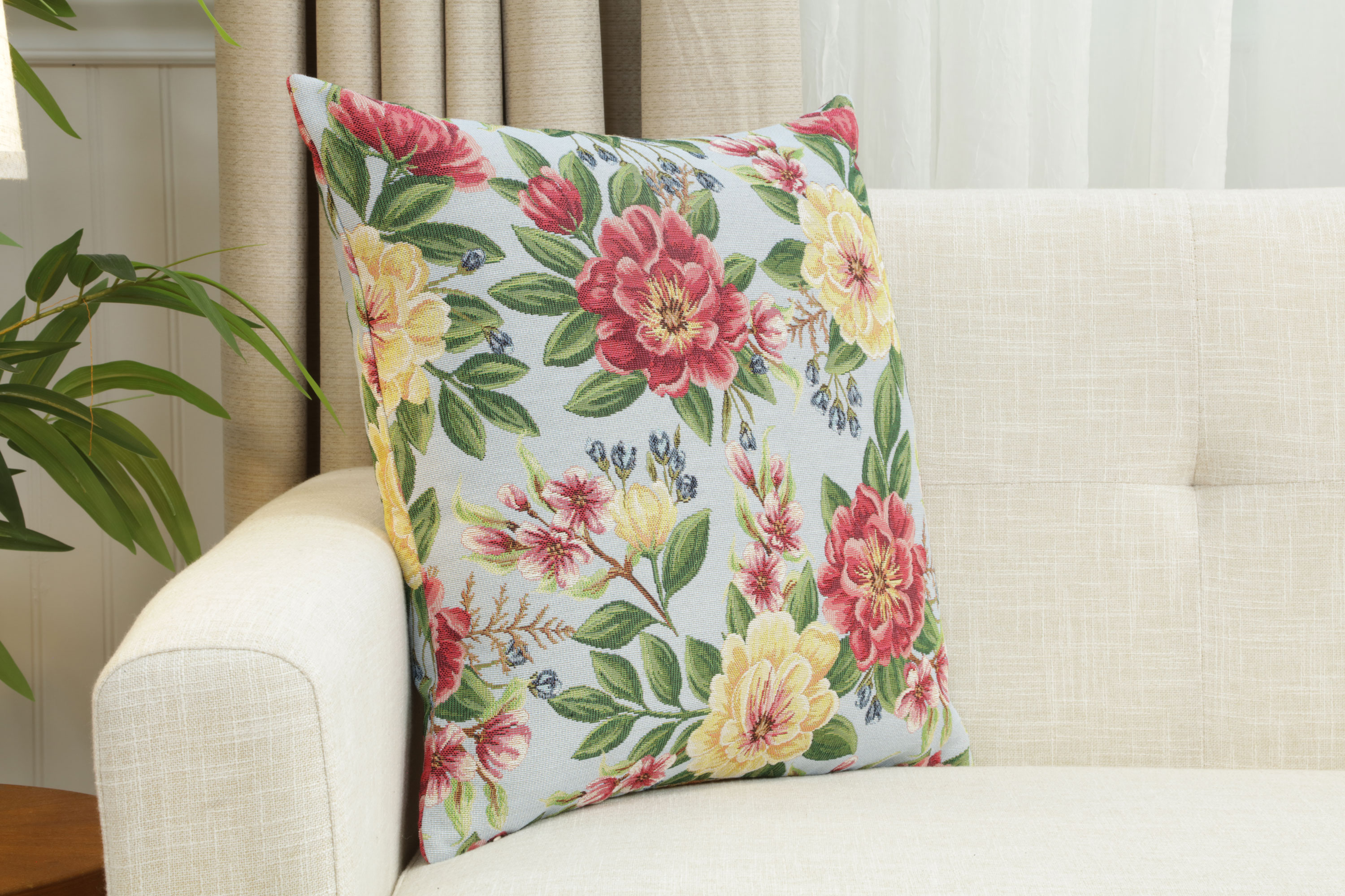 Floral Zinnia Blue Tapestry Pillow Cover 18x18 Inch Cotton Jacquard Woven Cushion Cover