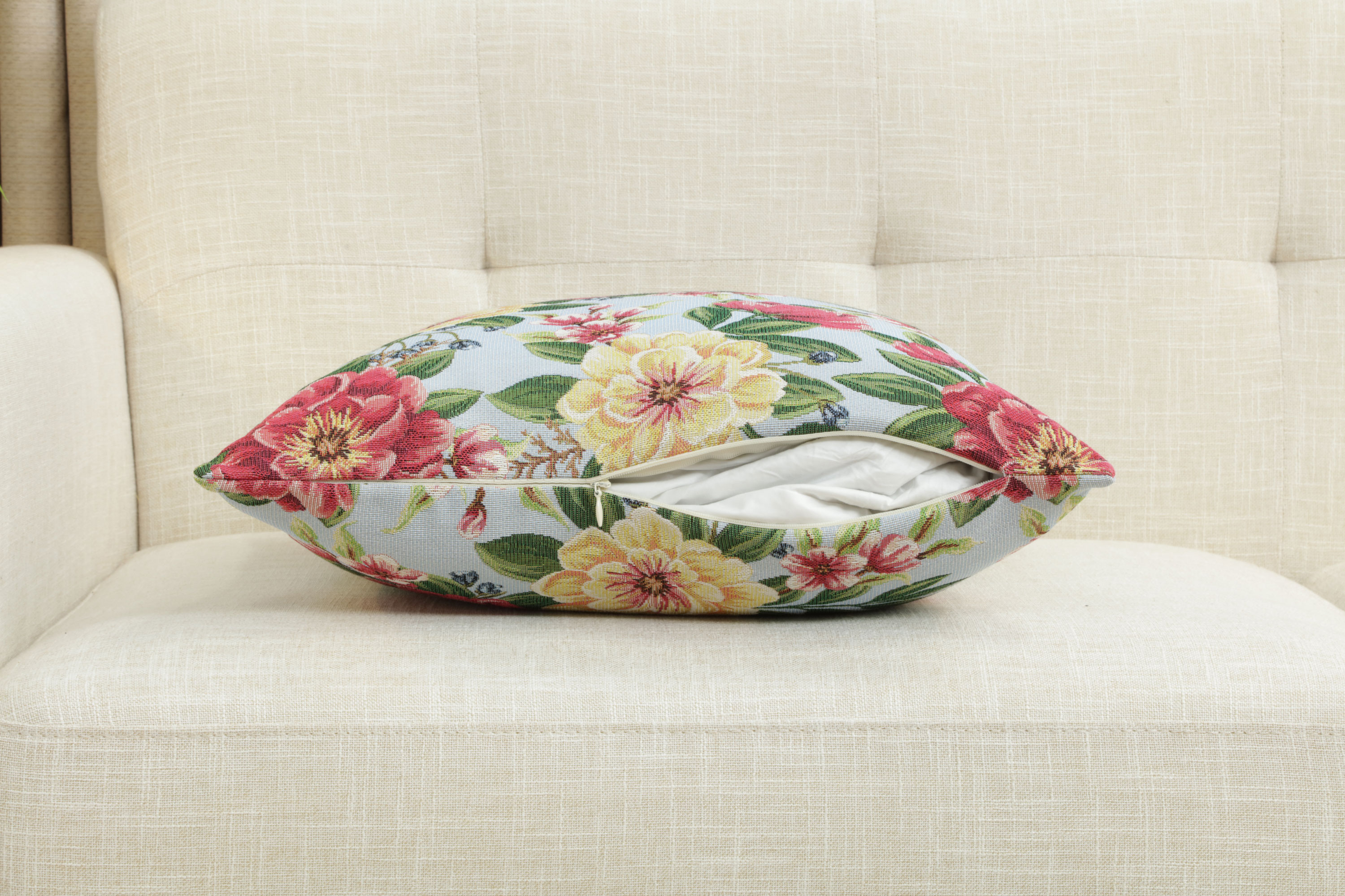 Floral Zinnia Blue Tapestry Pillow Cover 18x18 Inch Cotton Jacquard Woven Cushion Cover