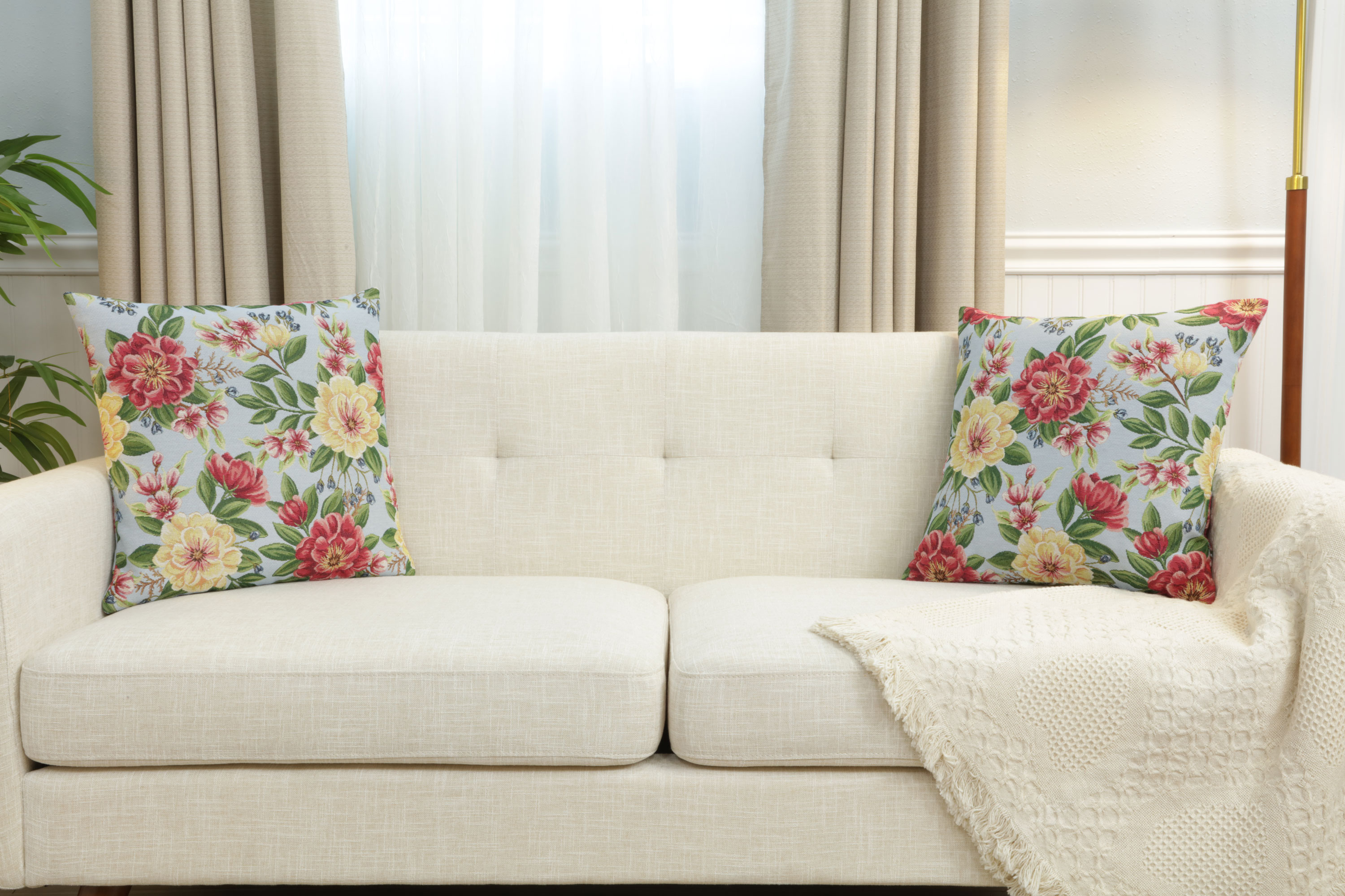 Floral Zinnia Blue Tapestry Pillow Cover 18x18 Inch Cotton Jacquard Woven Cushion Cover