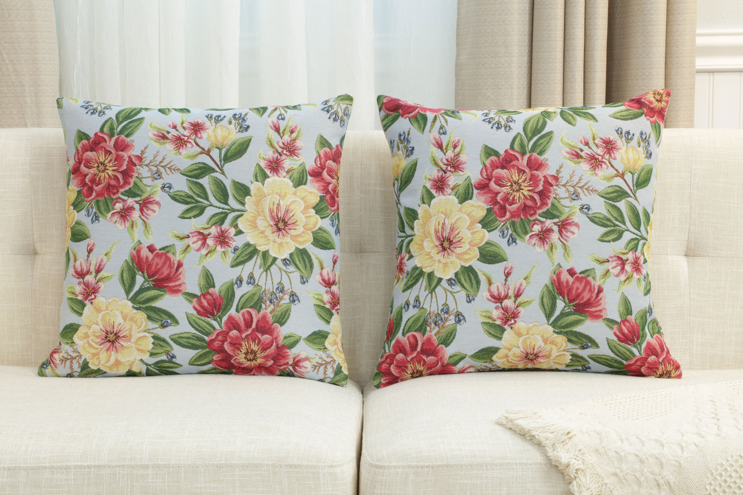 Floral Zinnia Blue Tapestry Pillow Cover 18x18 Inch Cotton Jacquard Woven Cushion Cover